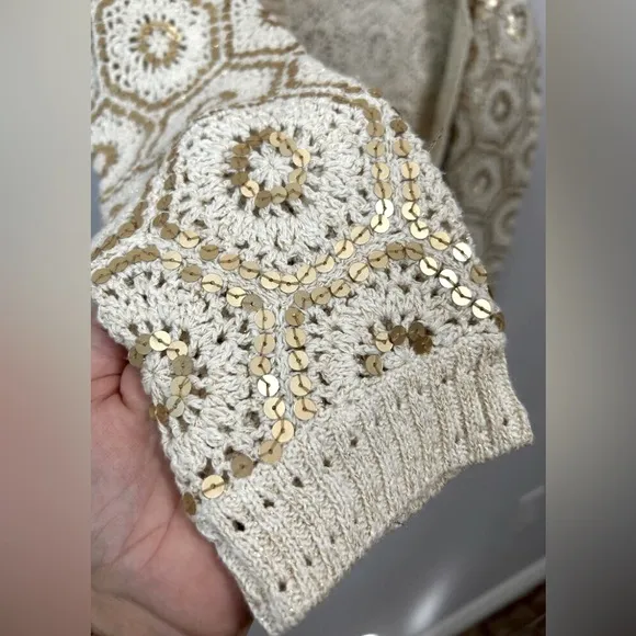 LN White House Black Market Cropped Embroidered Knit Sequin Open Cardigan Y2K