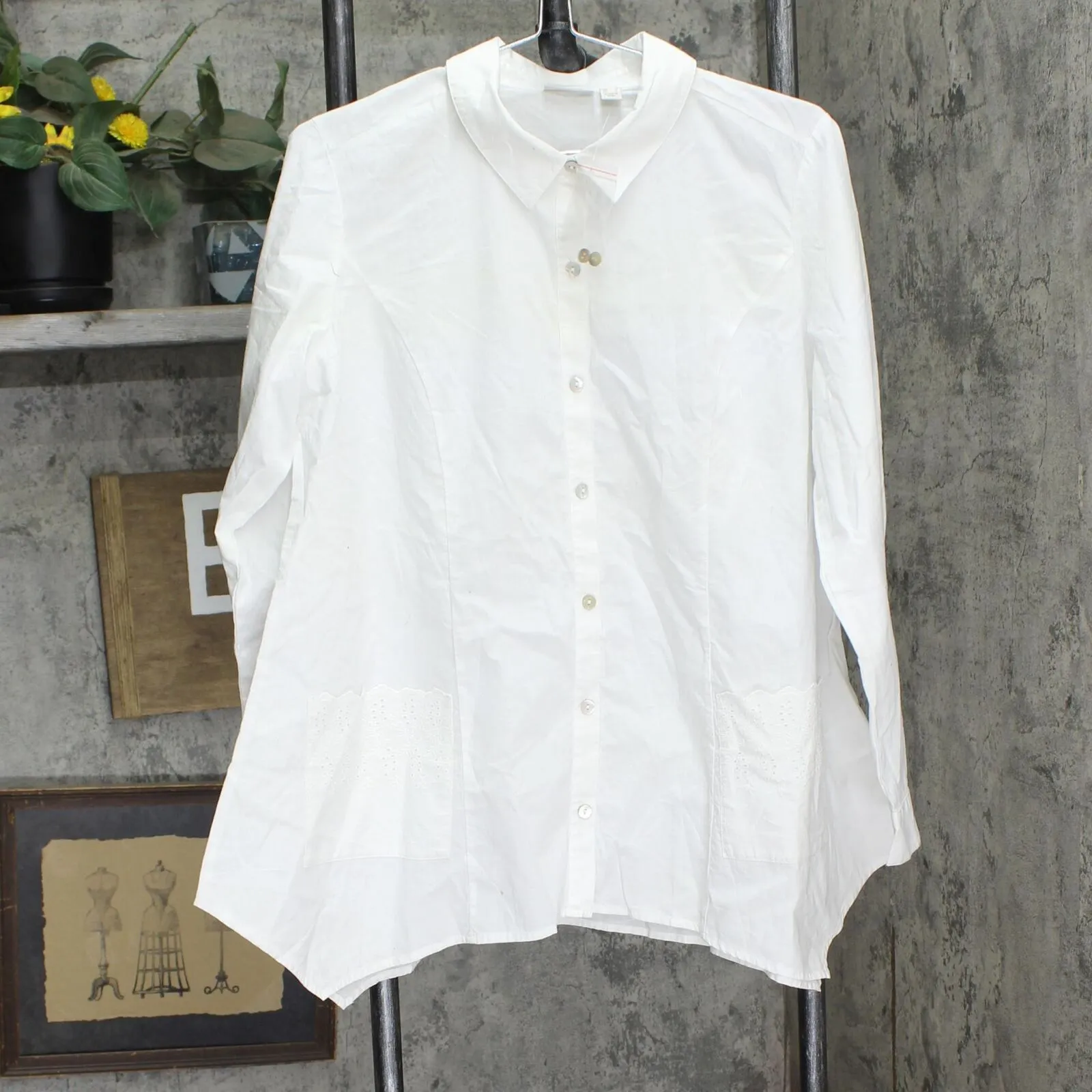 LOGO by Lori Goldstein Womens Cotton Button Up Long Sleeve A-Line Shirt White M