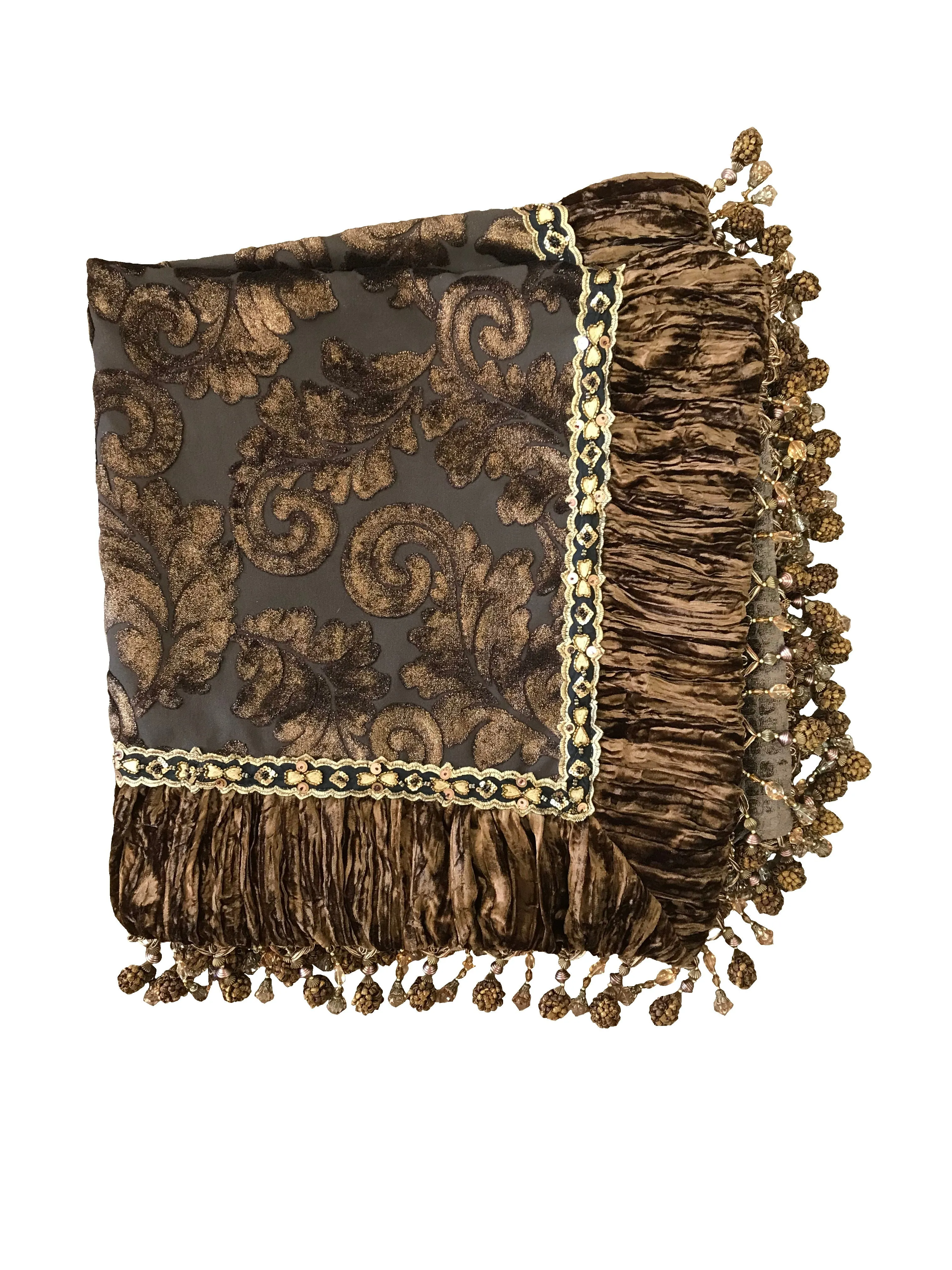 Luxury Square Table Topper Chocolate Brown Acanthus with Chocolate brown Crushed Velvet Velvet