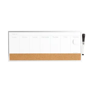 Magnetic Dry Erase/Cork Weekly Calendar Board, 18 x 7.5 Inches, Silver Aluminum Frame