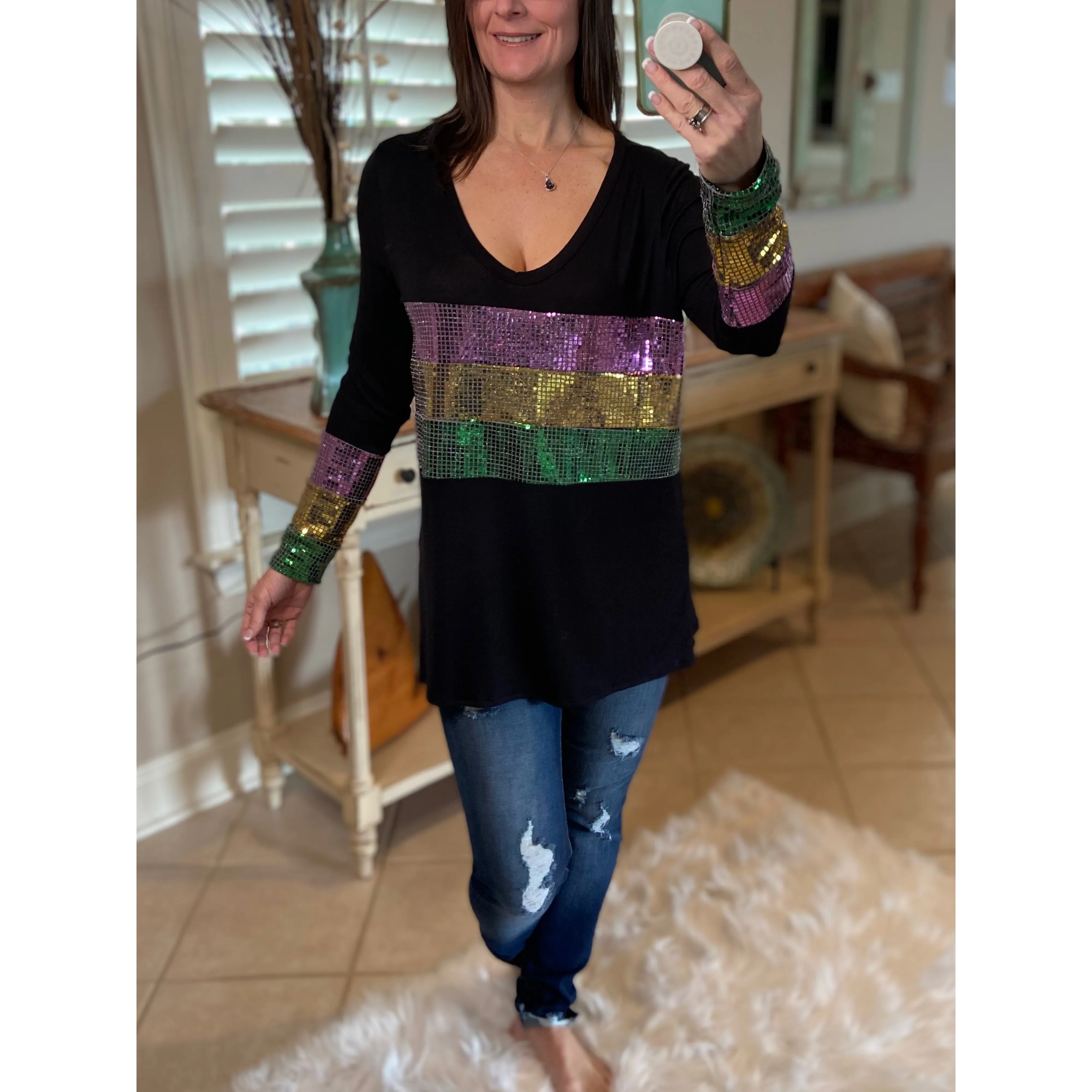 “Masquerade” Mardi Gras Sequined Deep U Neck Off Shoulder Shirt Purple Green Gold Black