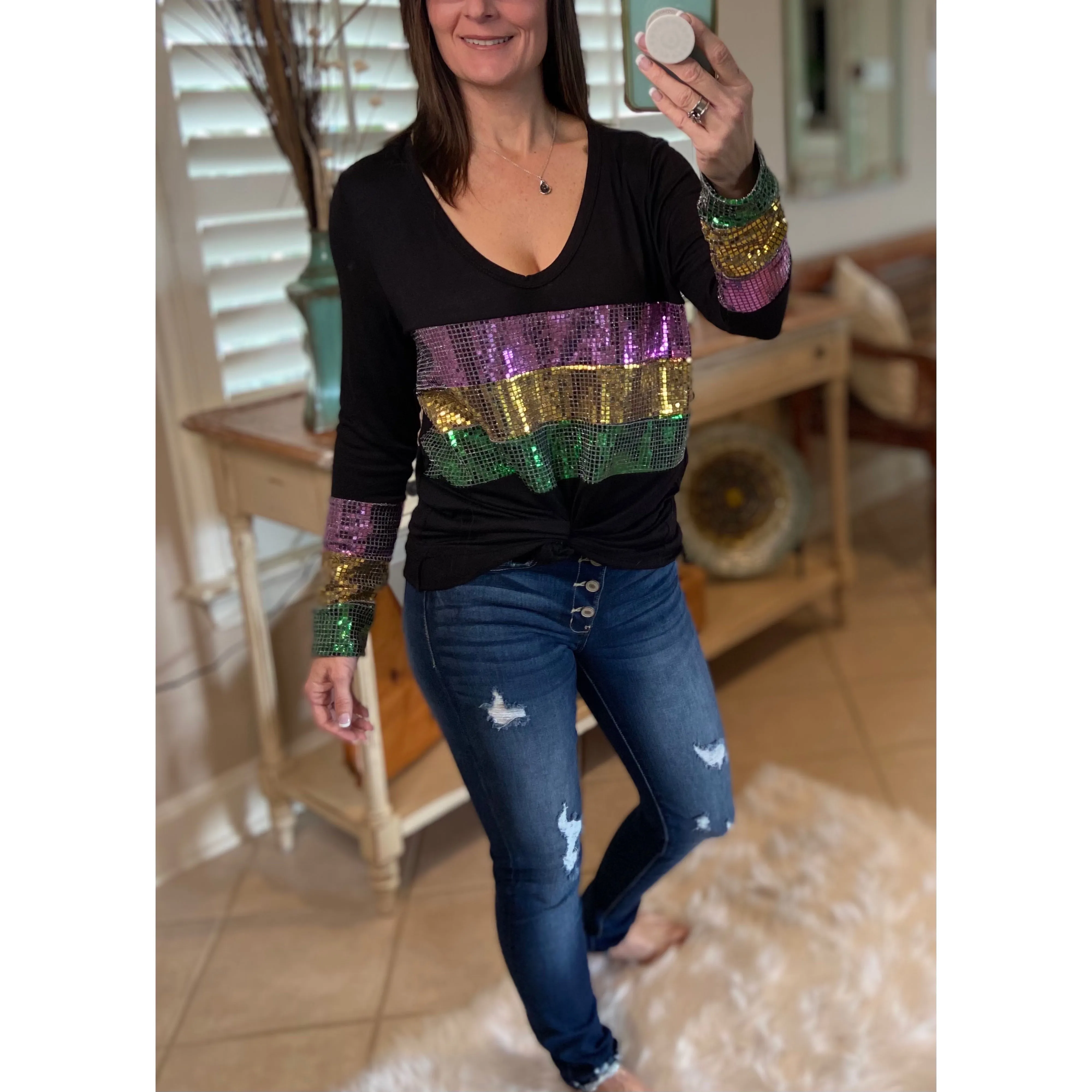 “Masquerade” Mardi Gras Sequined Deep U Neck Off Shoulder Shirt Purple Green Gold Black