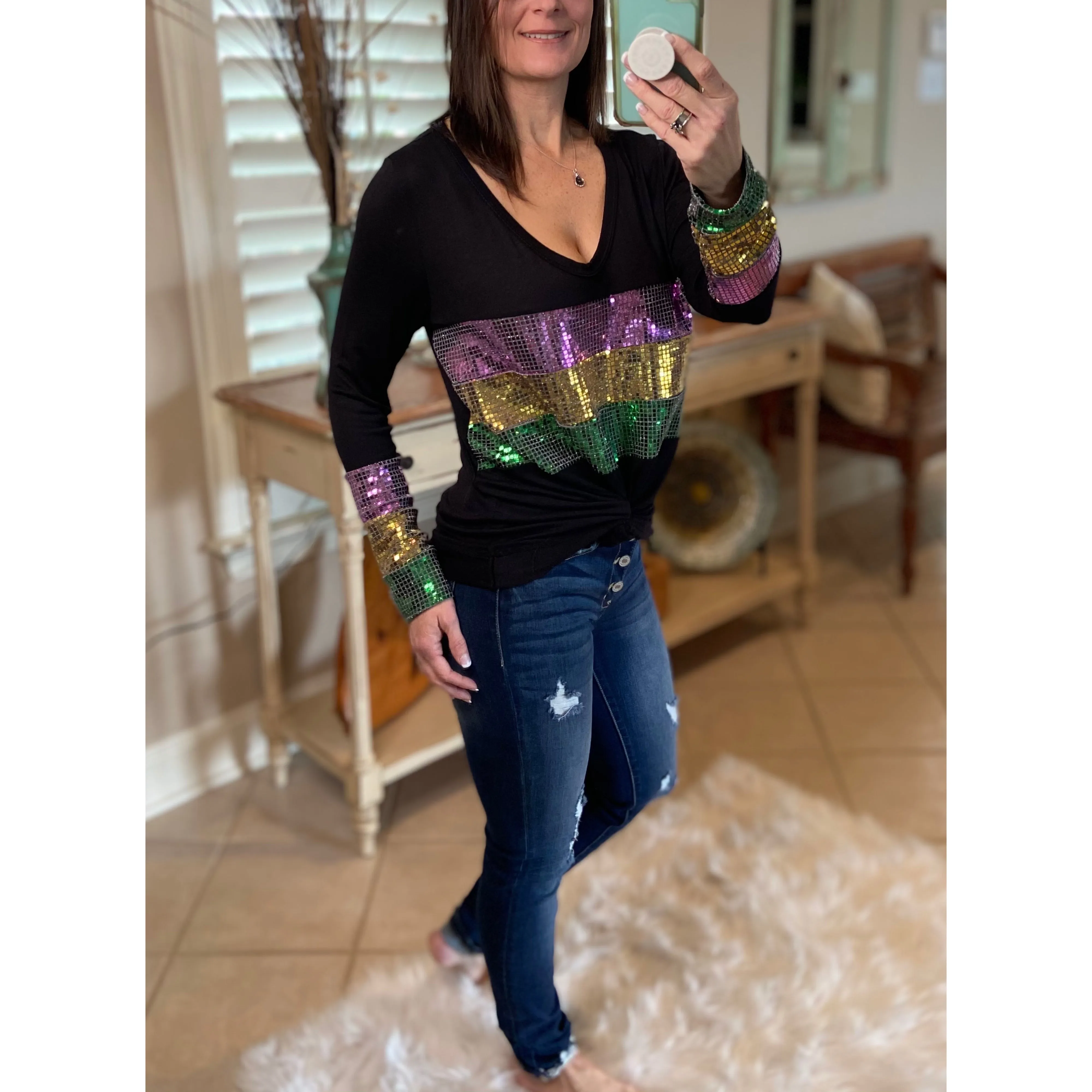 “Masquerade” Mardi Gras Sequined Deep U Neck Off Shoulder Shirt Purple Green Gold Black