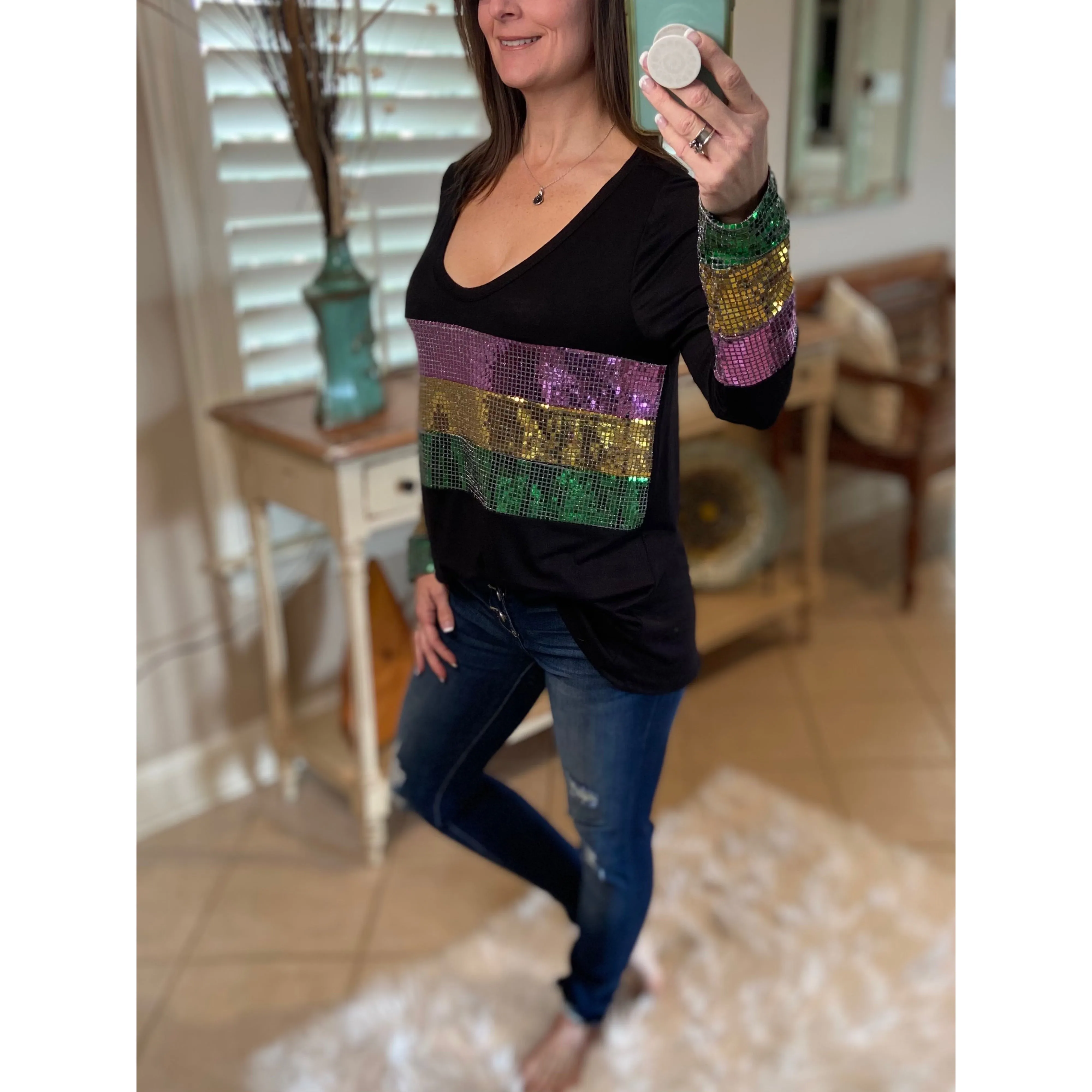“Masquerade” Mardi Gras Sequined Deep U Neck Off Shoulder Shirt Purple Green Gold Black