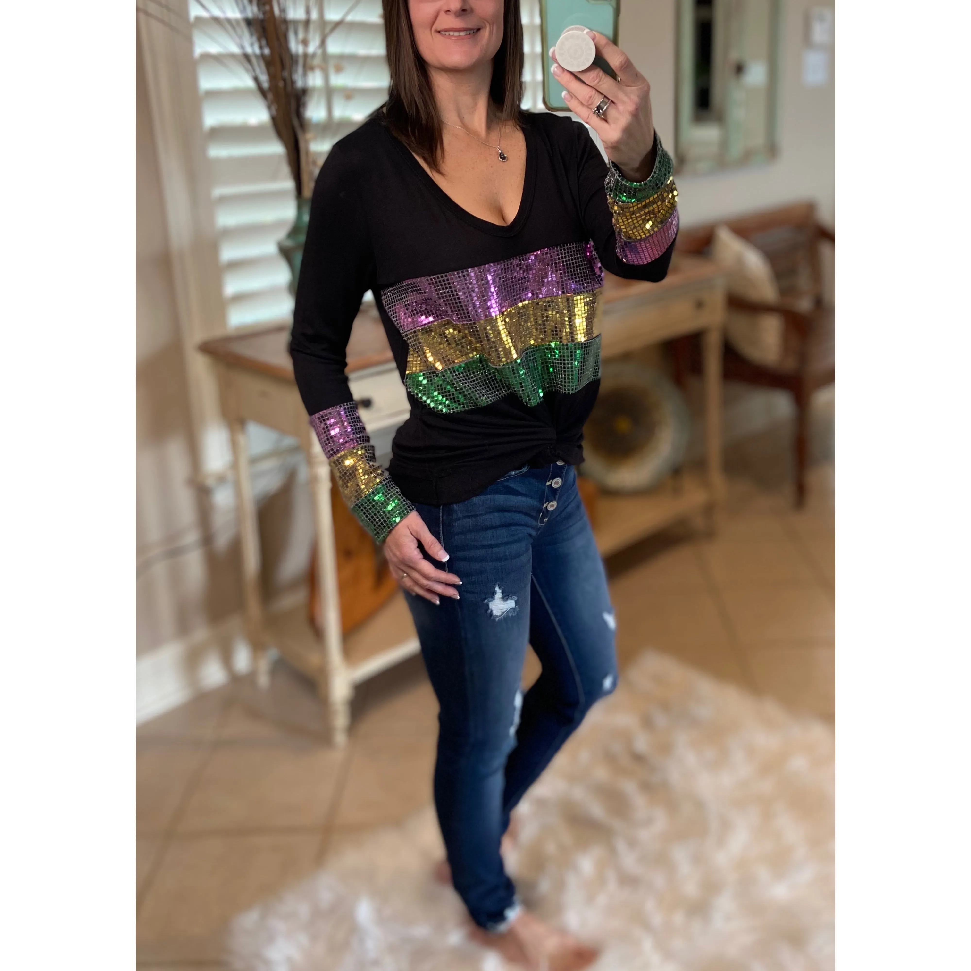 “Masquerade” Mardi Gras Sequined Deep U Neck Off Shoulder Shirt Purple Green Gold Black