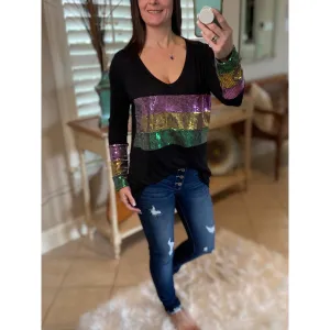 “Masquerade” Mardi Gras Sequined Deep U Neck Off Shoulder Shirt Purple Green Gold Black