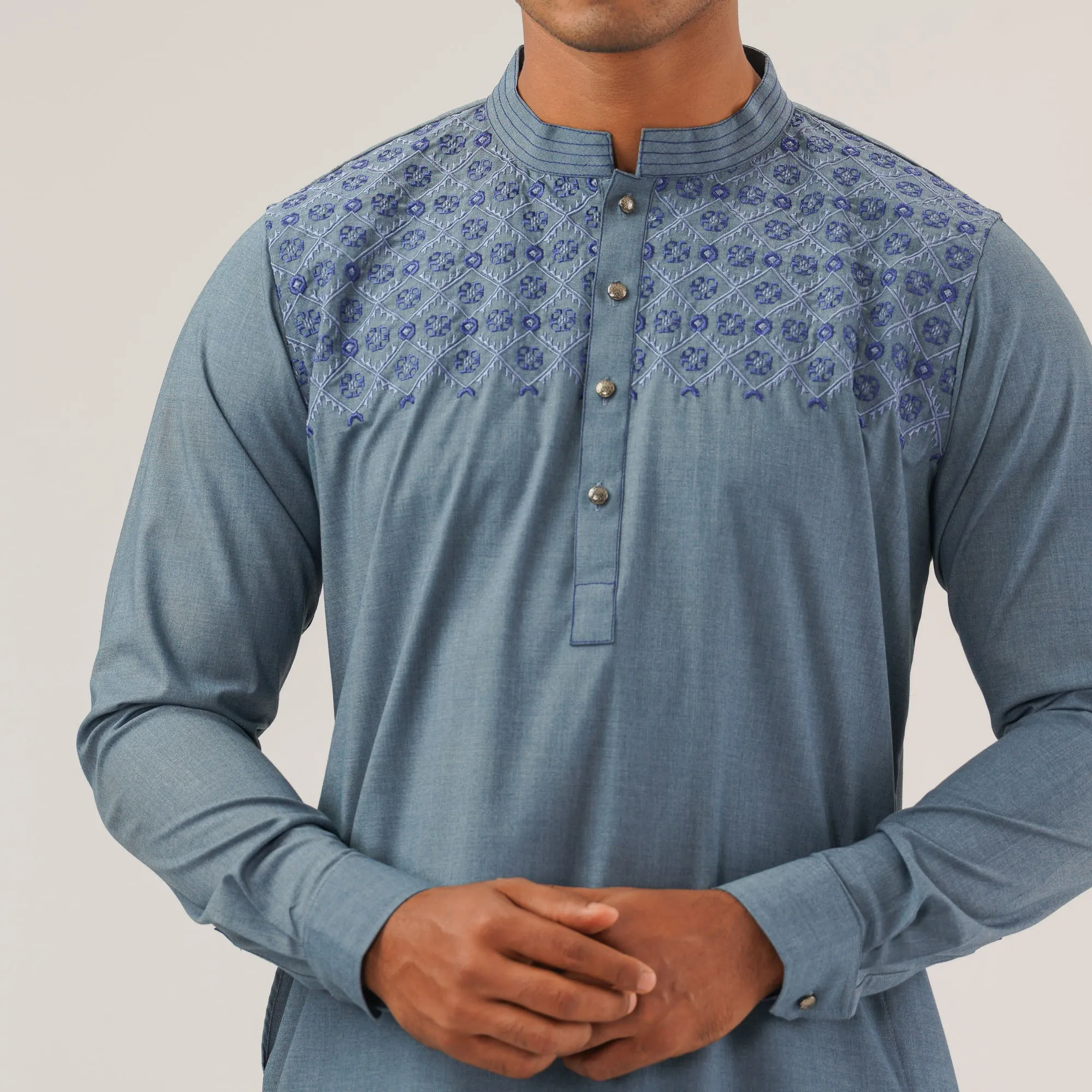 Mens Blue Embroidered Panjabi