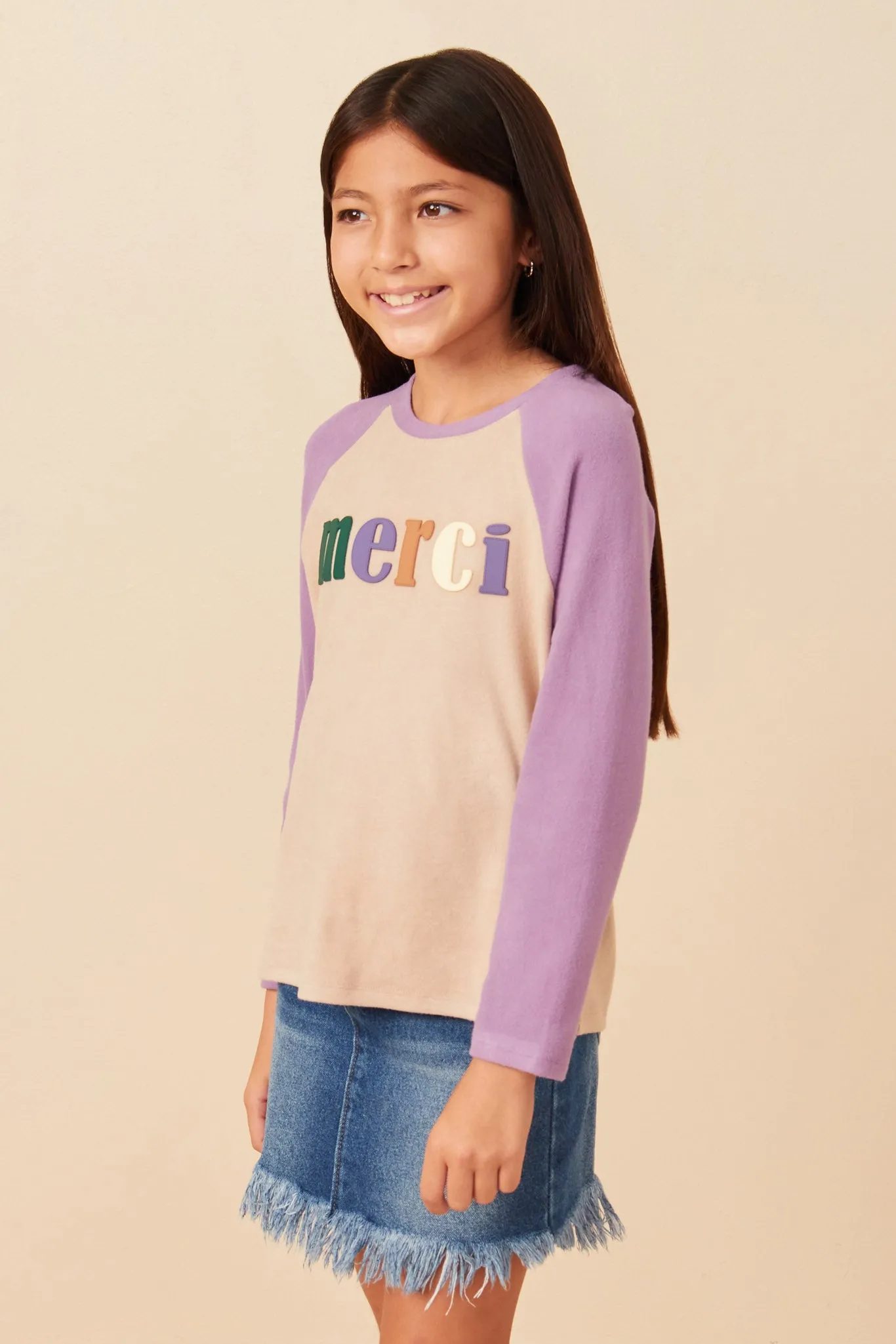 Merci Applique Brushed Color Block Raglan Top