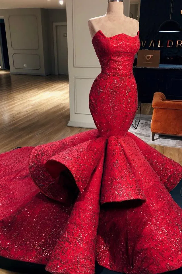 Mermaid Strapless Floor Length Chapel Paillette Prom Dress