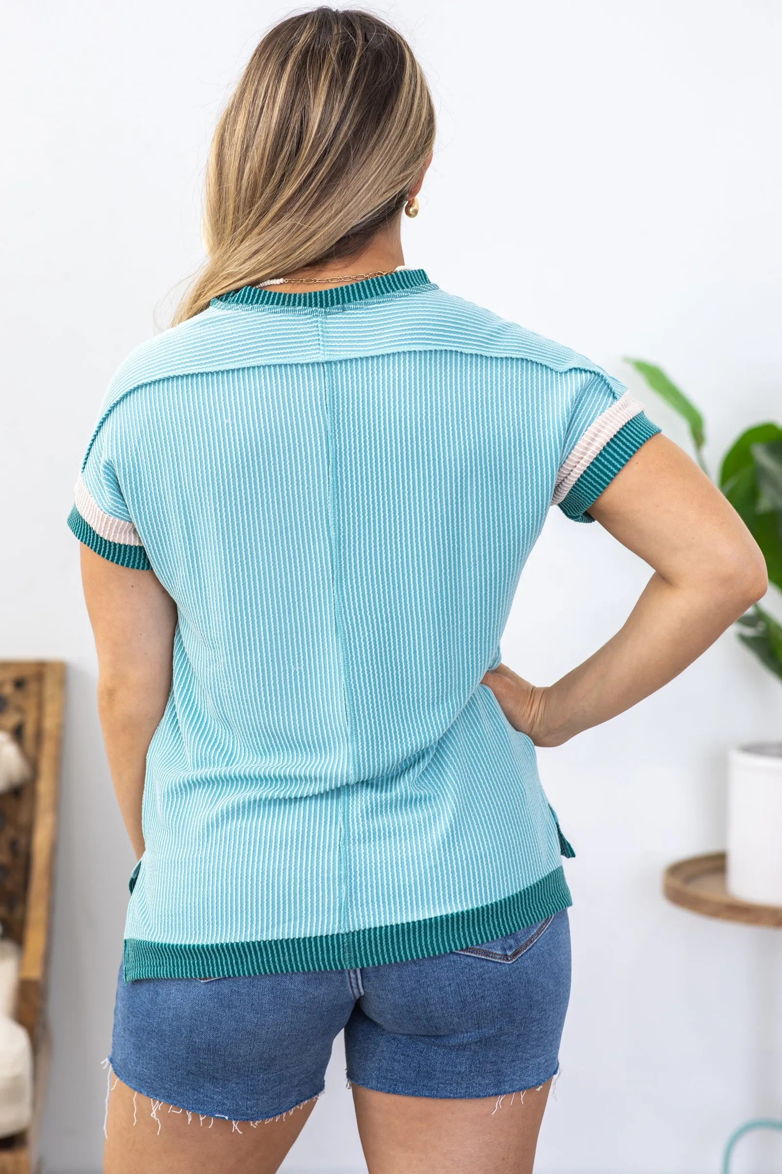Mint Contrast Ribbed Knit T-Shirt