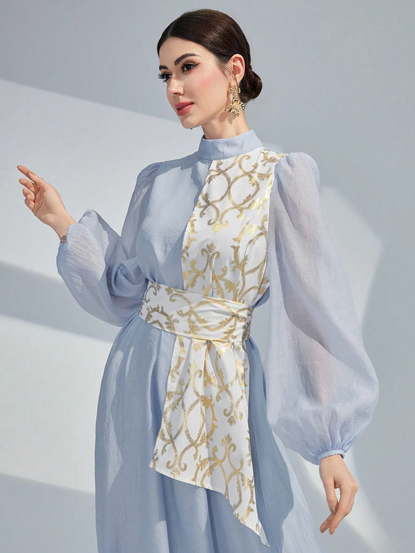 Modely Stand Collar Colorblock Lantern Sleeve Belted Dress With Plant Print