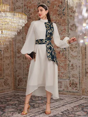 Modely Stand Collar Colorblock Lantern Sleeve Belted Dress With Plant Print