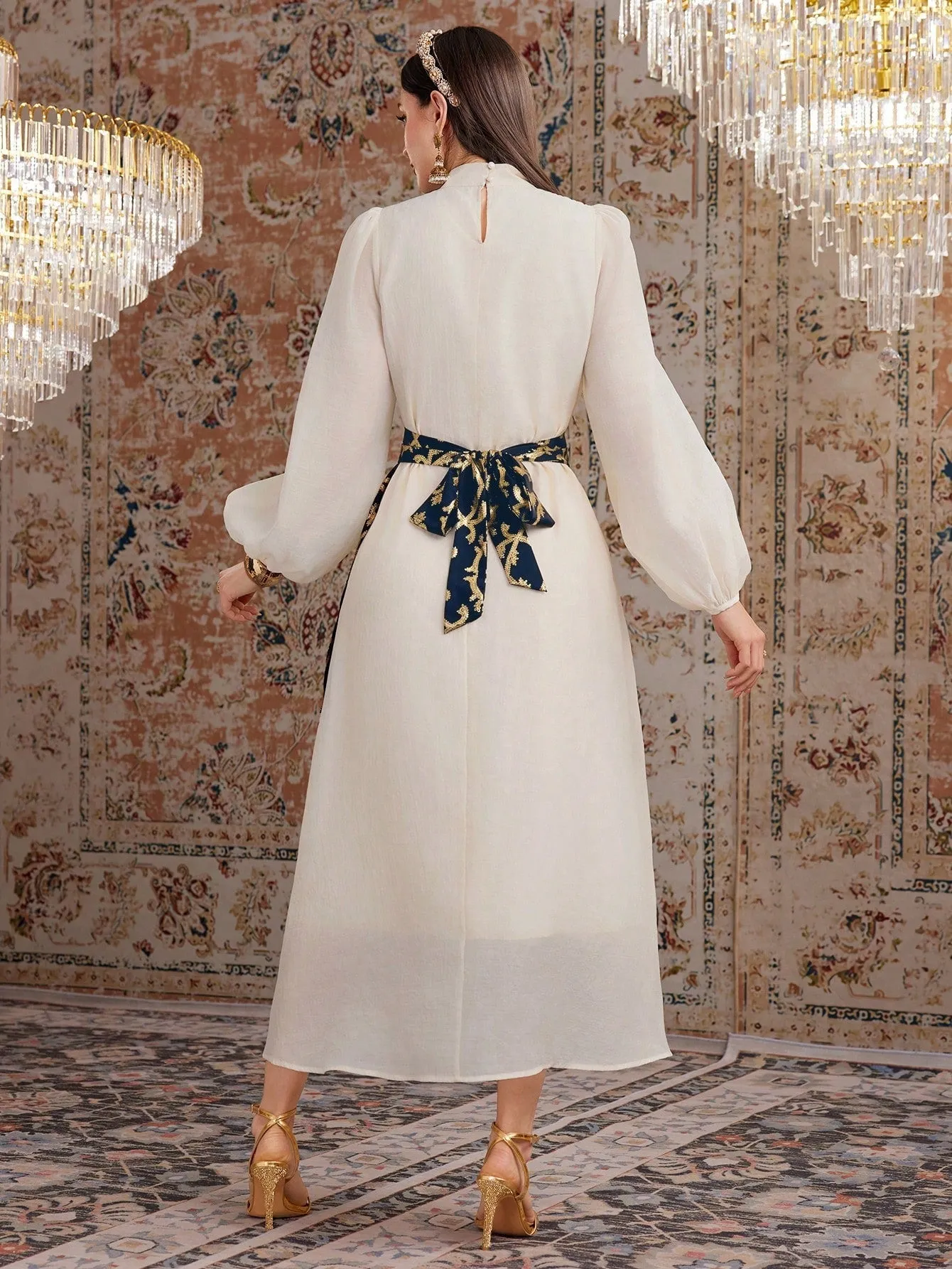 Modely Stand Collar Colorblock Lantern Sleeve Belted Dress With Plant Print