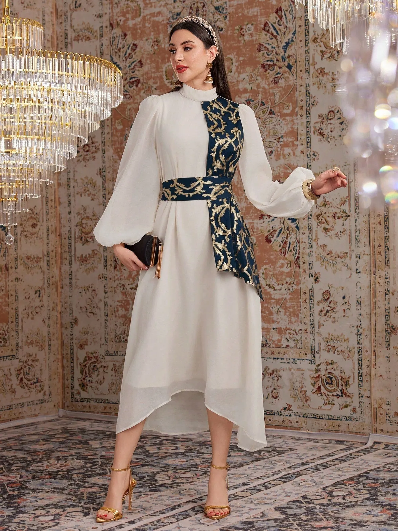 Modely Stand Collar Colorblock Lantern Sleeve Belted Dress With Plant Print