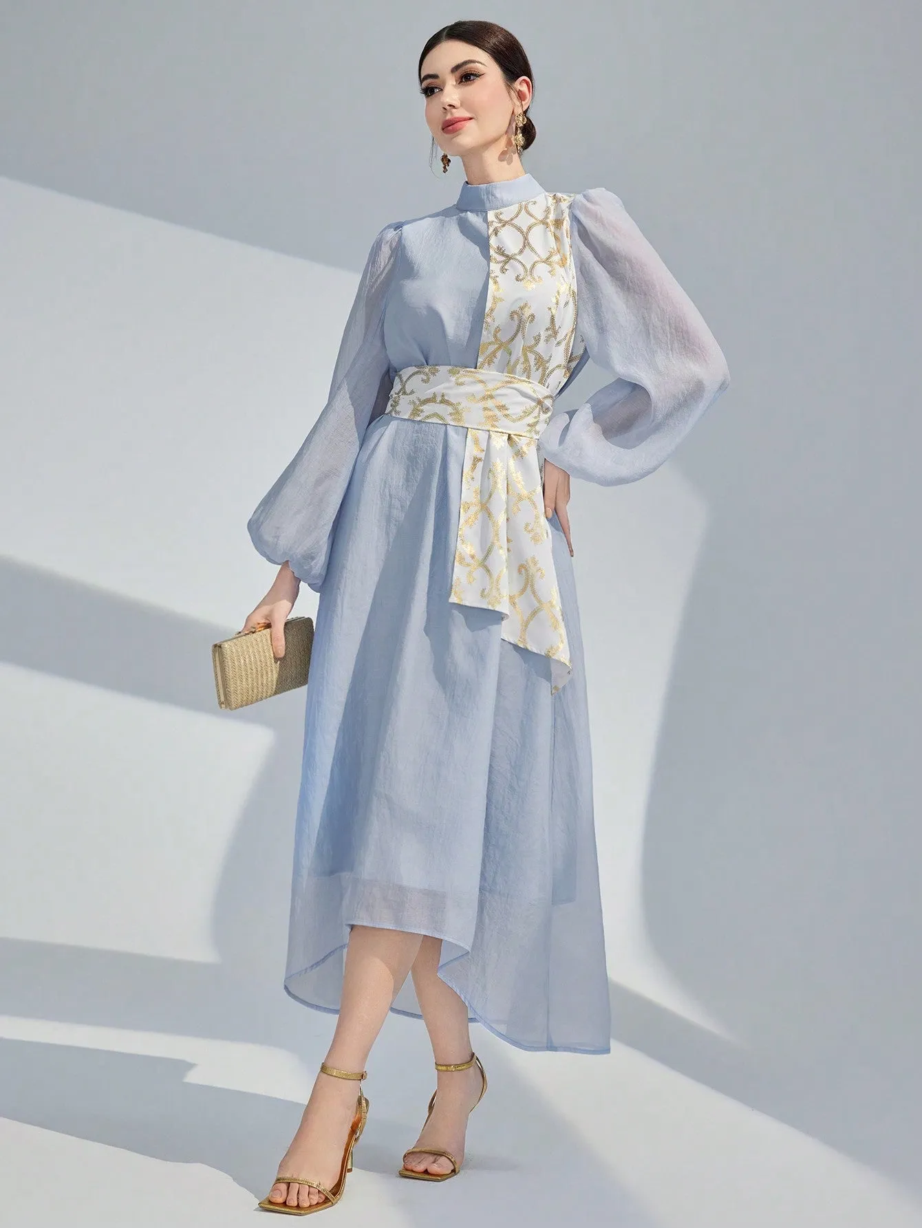 Modely Stand Collar Colorblock Lantern Sleeve Belted Dress With Plant Print