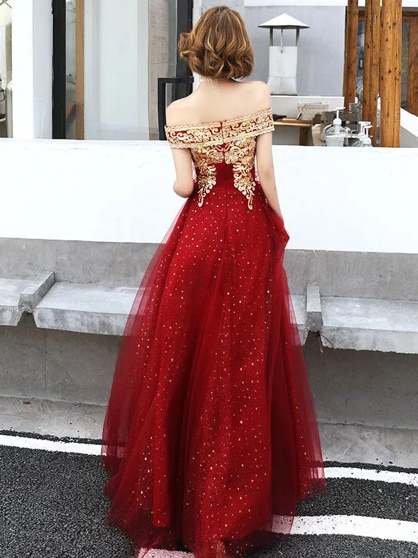 Modern Evening Dress A-Line Bateau Neck Tulle Floor-Length Sequins Sequined Dress