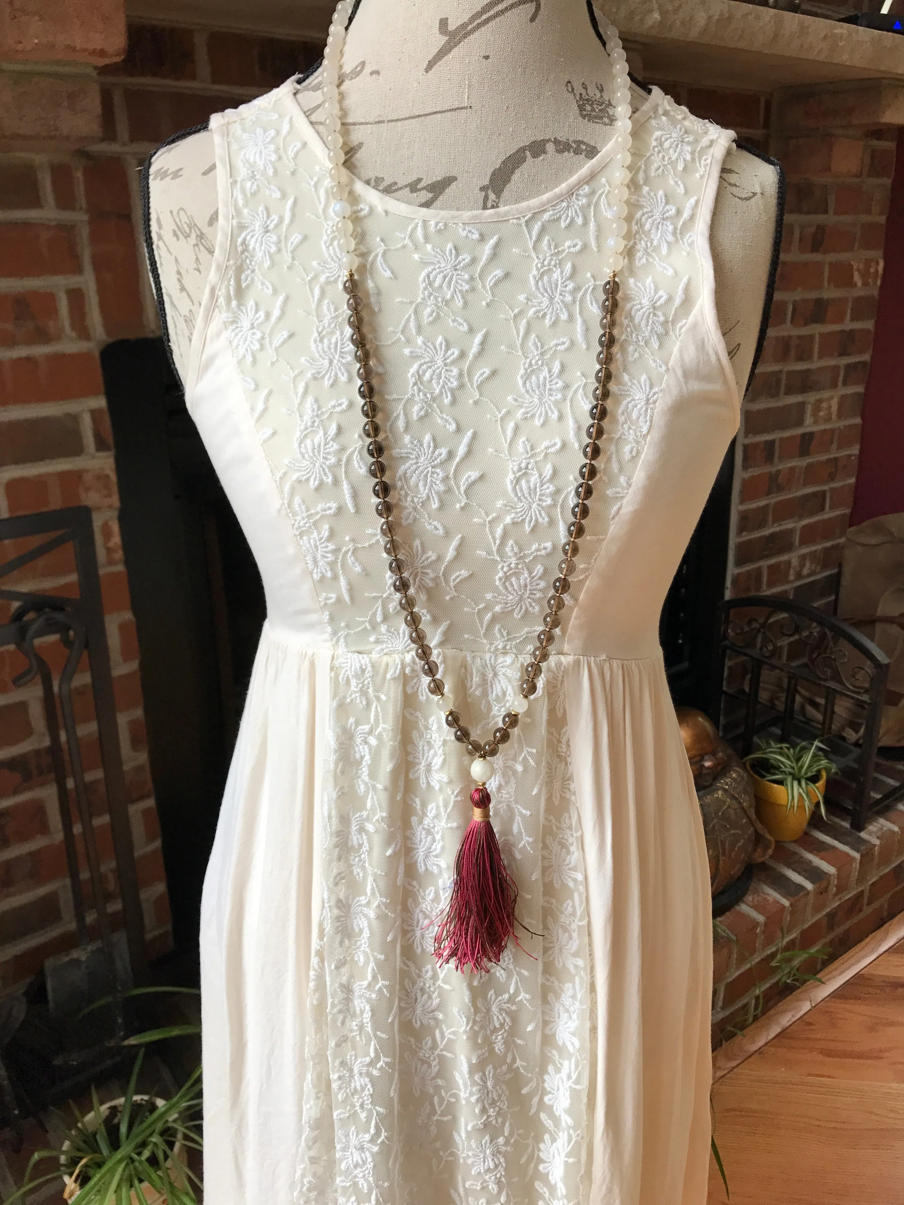 Moonstone and Smokey Quartz Mala Necklace