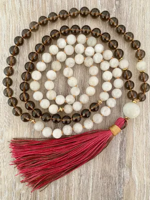Moonstone and Smokey Quartz Mala Necklace