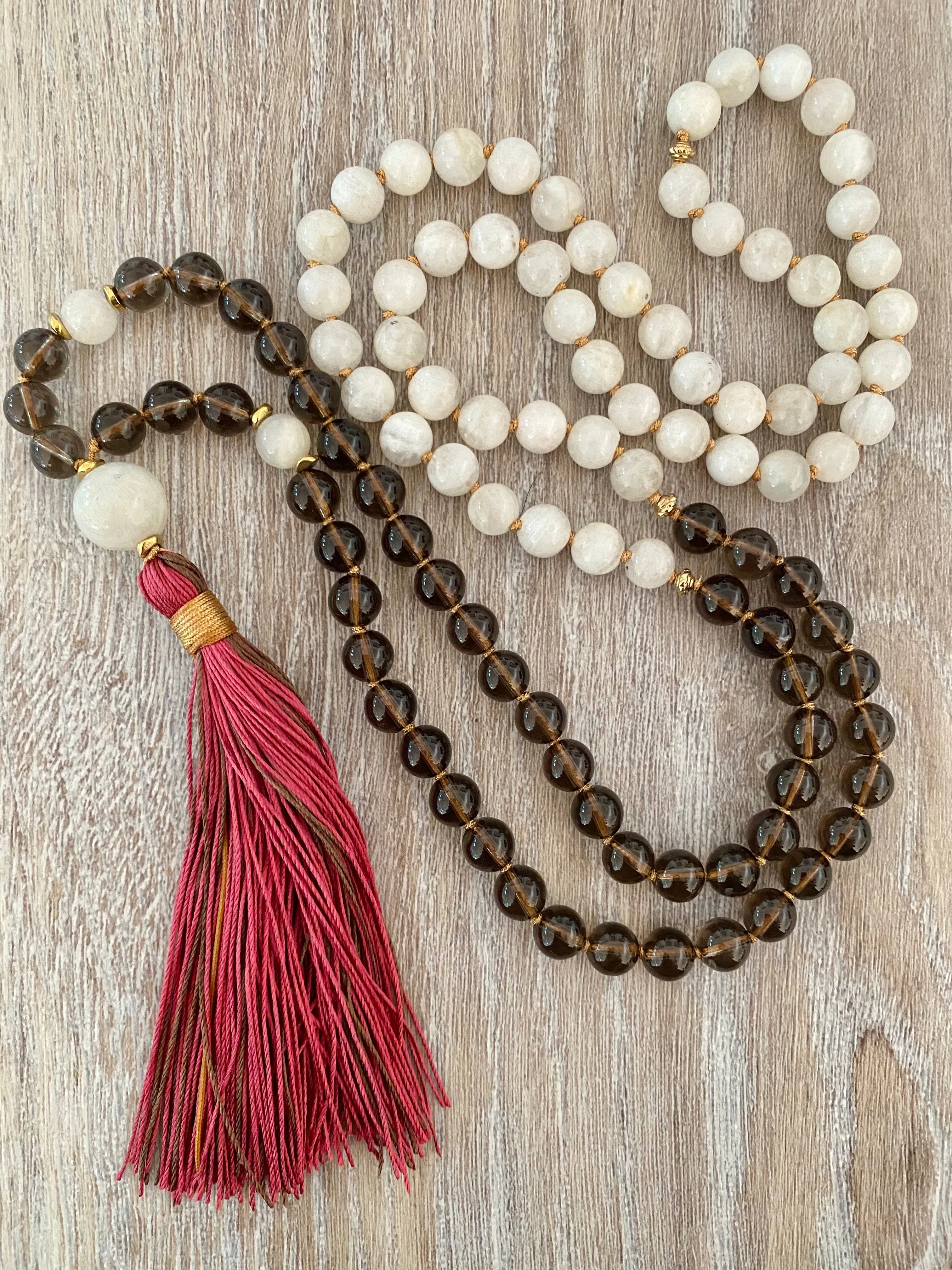 Moonstone and Smokey Quartz Mala Necklace