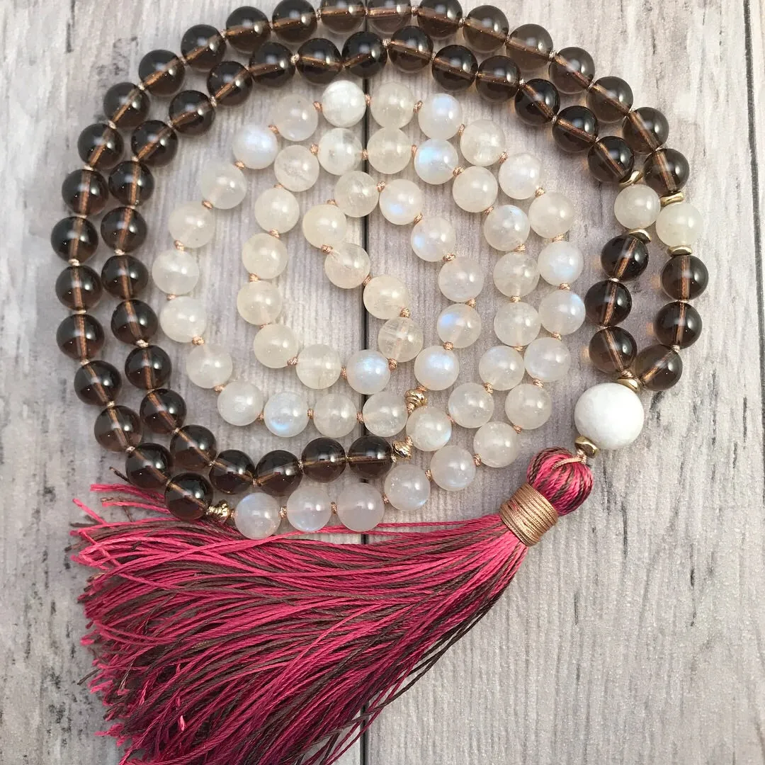 Moonstone and Smokey Quartz Mala Necklace