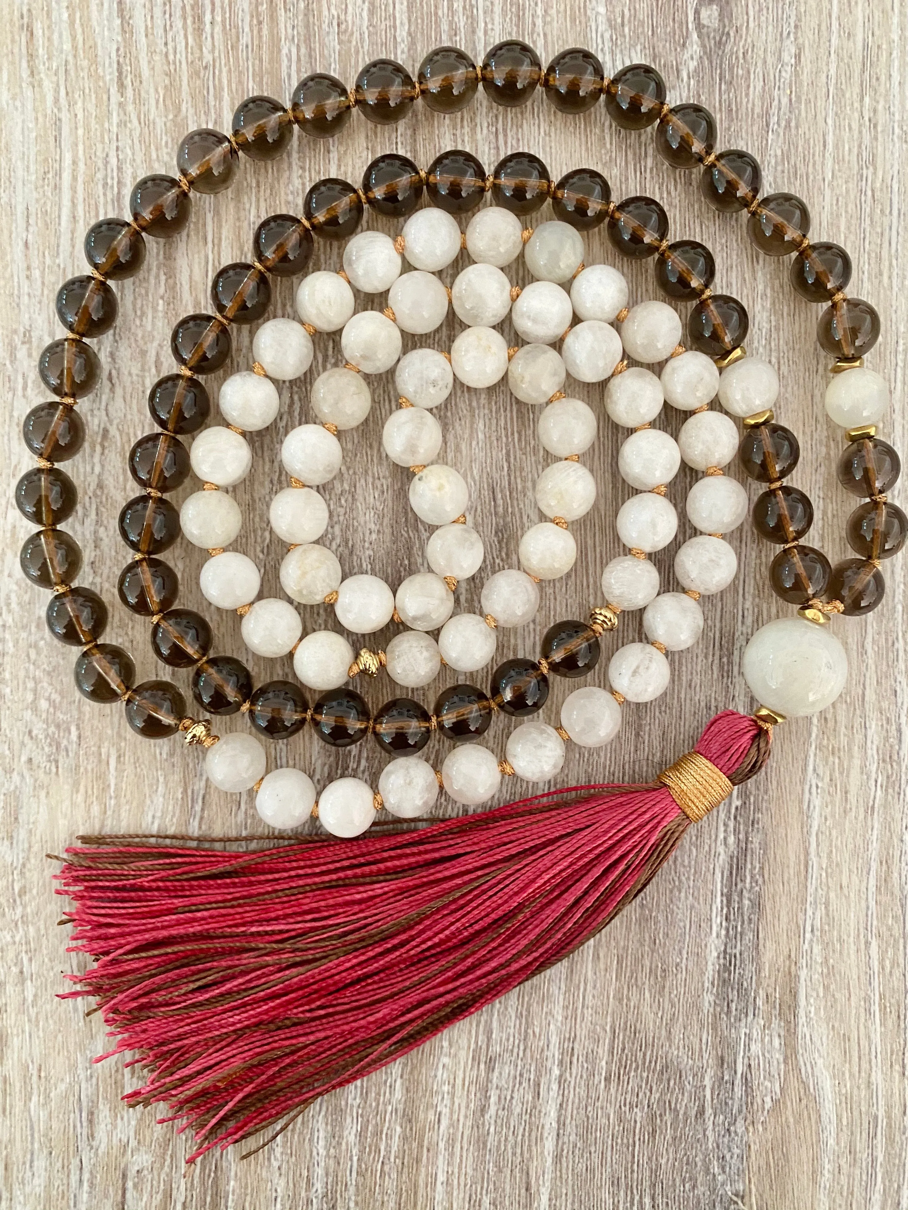 Moonstone and Smokey Quartz Mala Necklace