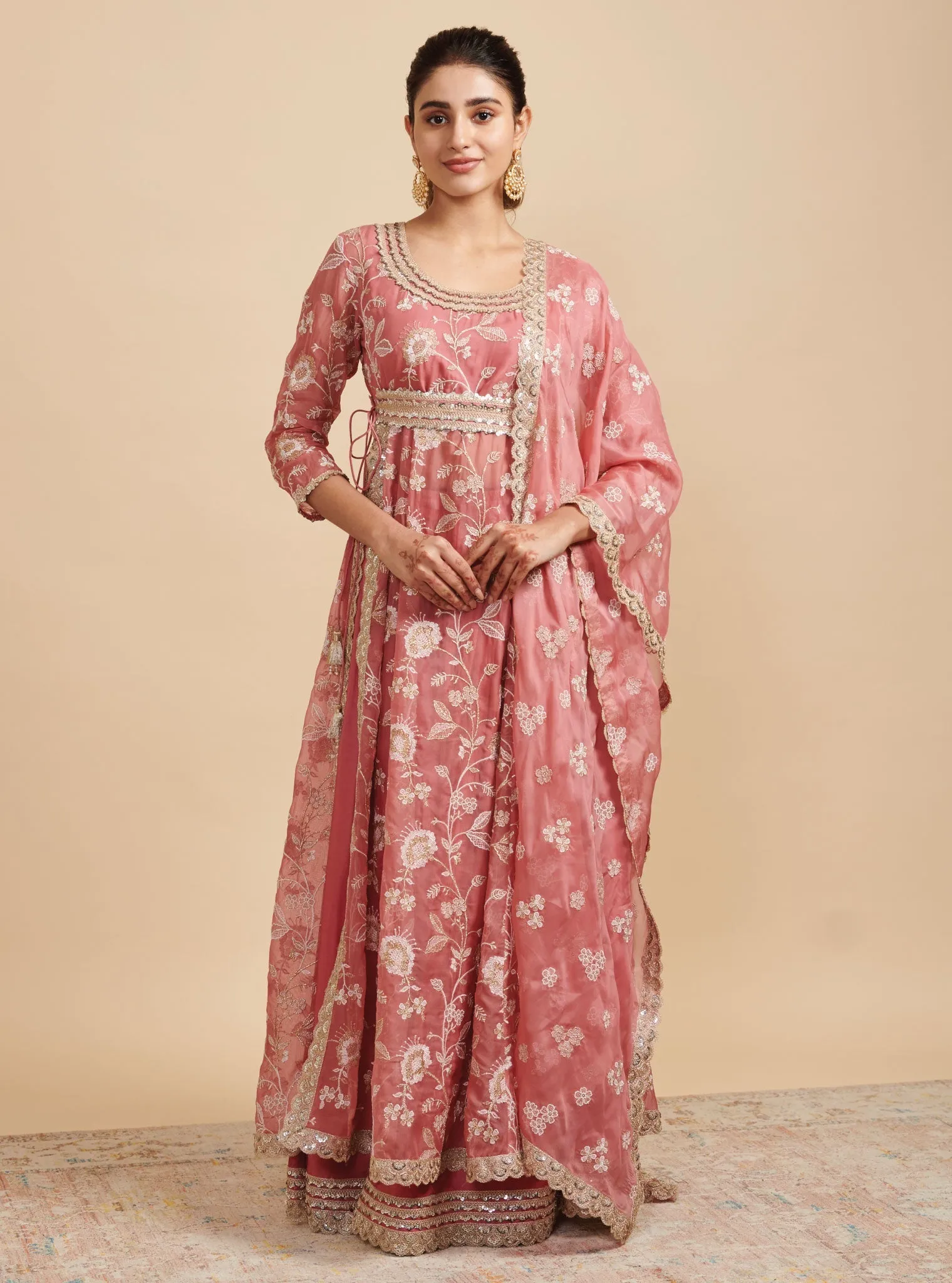 Mulmul Organza Masakali Mauve Long Kurta With Mulmul Cupro Masakali Mauve Skirt