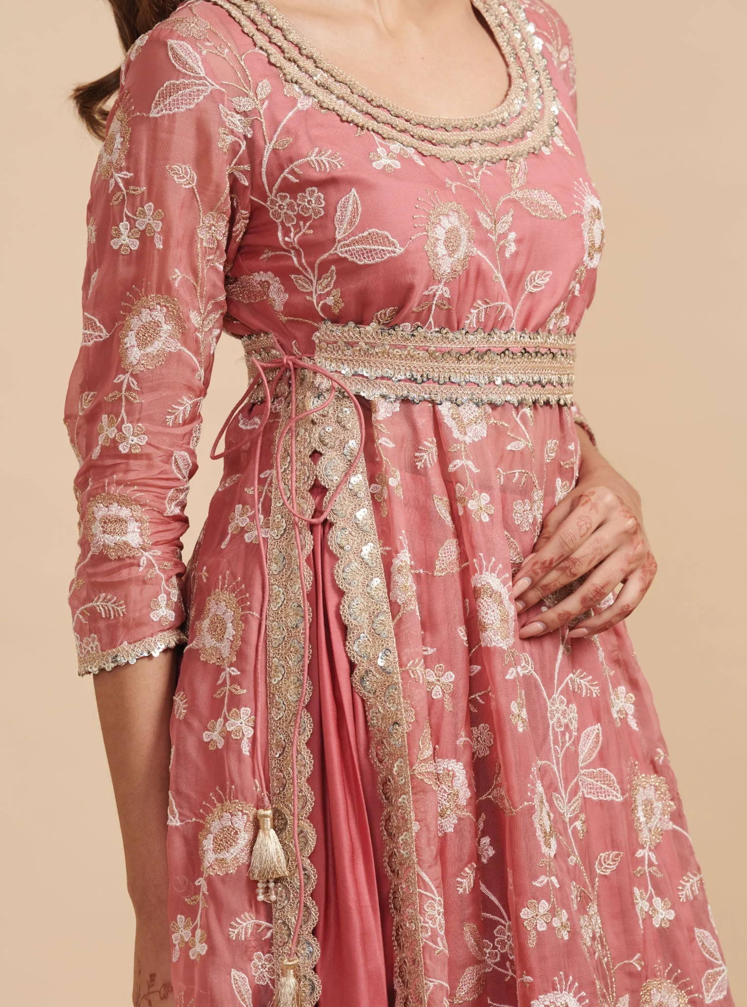 Mulmul Organza Masakali Mauve Long Kurta With Mulmul Cupro Masakali Mauve Skirt