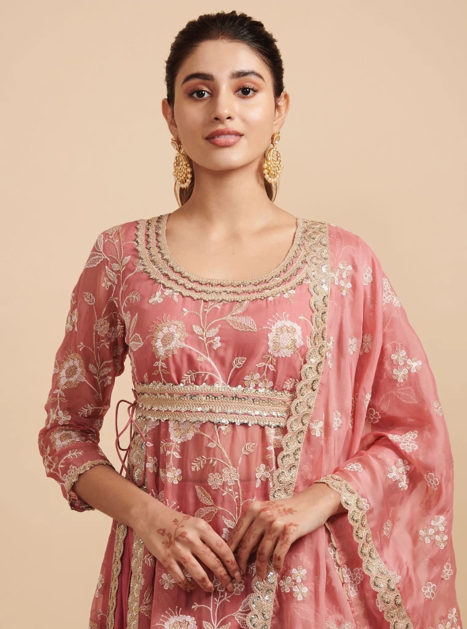 Mulmul Organza Masakali Mauve Long Kurta With Mulmul Cupro Masakali Mauve Skirt