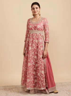 Mulmul Organza Masakali Mauve Long Kurta With Mulmul Cupro Masakali Mauve Skirt
