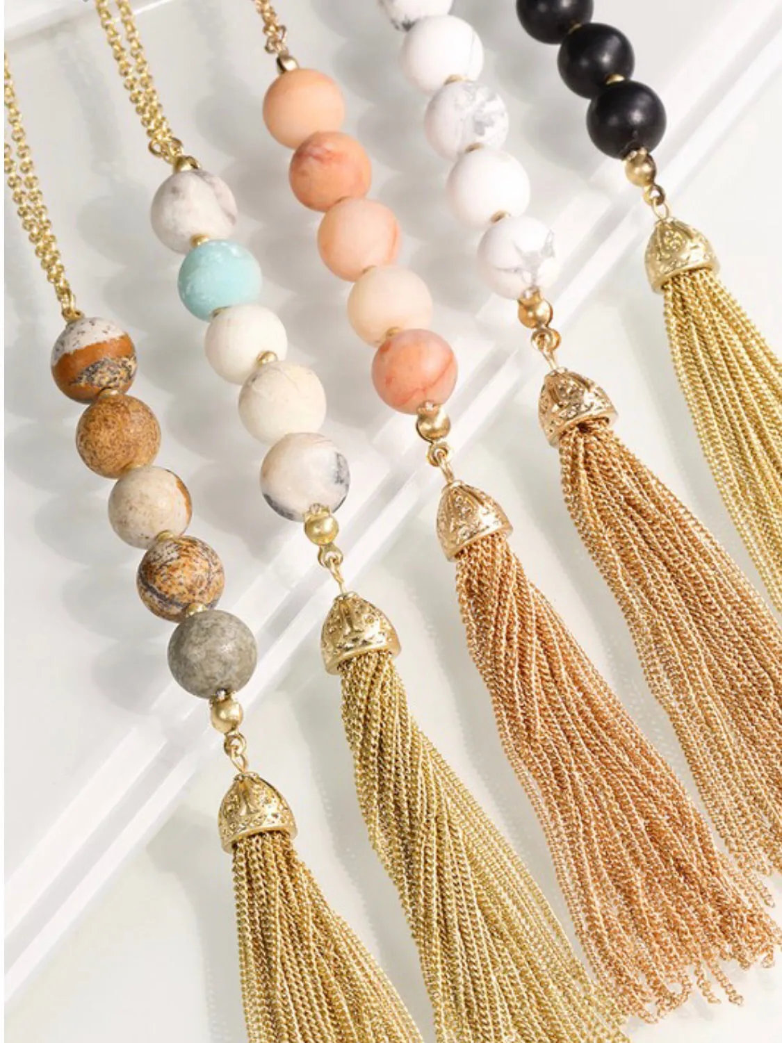 Natural Stone Bead and Fine Chain Tassel Y Necklace
