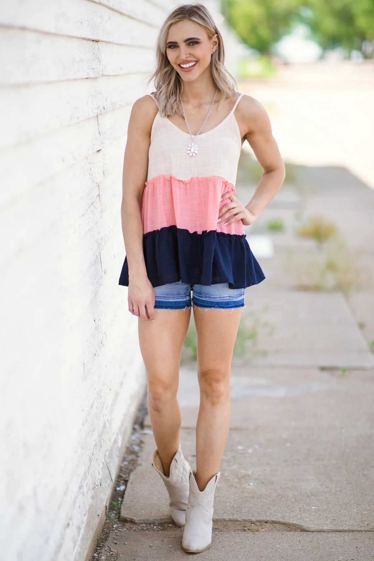 Navy and Baby Pink Colorblock Tiered Tank