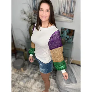 “Neutral Ground Side” Mardi Gras Sequined Color Block Balloon Sleeves Purple Green & Gold Ivory