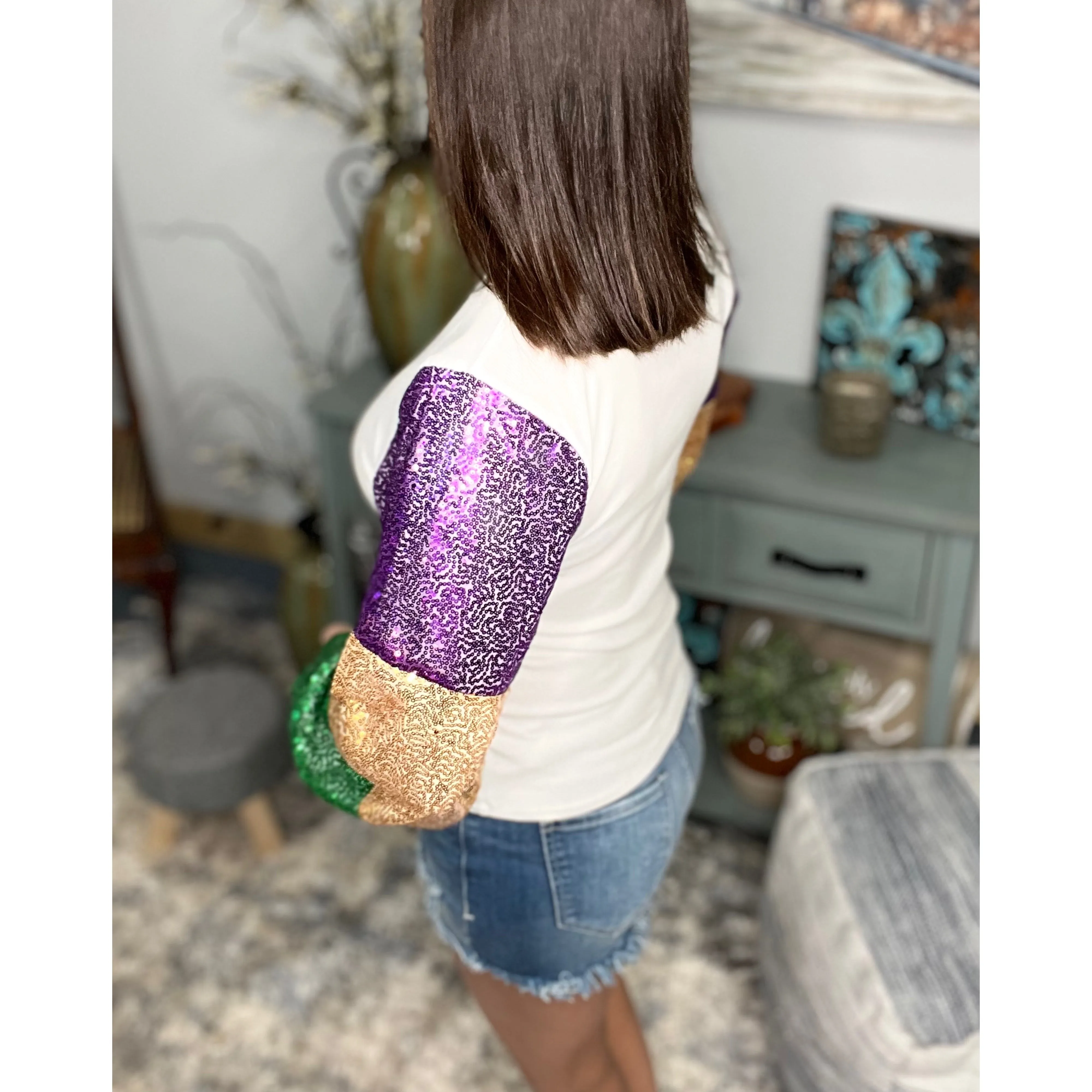 “Neutral Ground Side” Mardi Gras Sequined Color Block Balloon Sleeves Purple Green & Gold Ivory