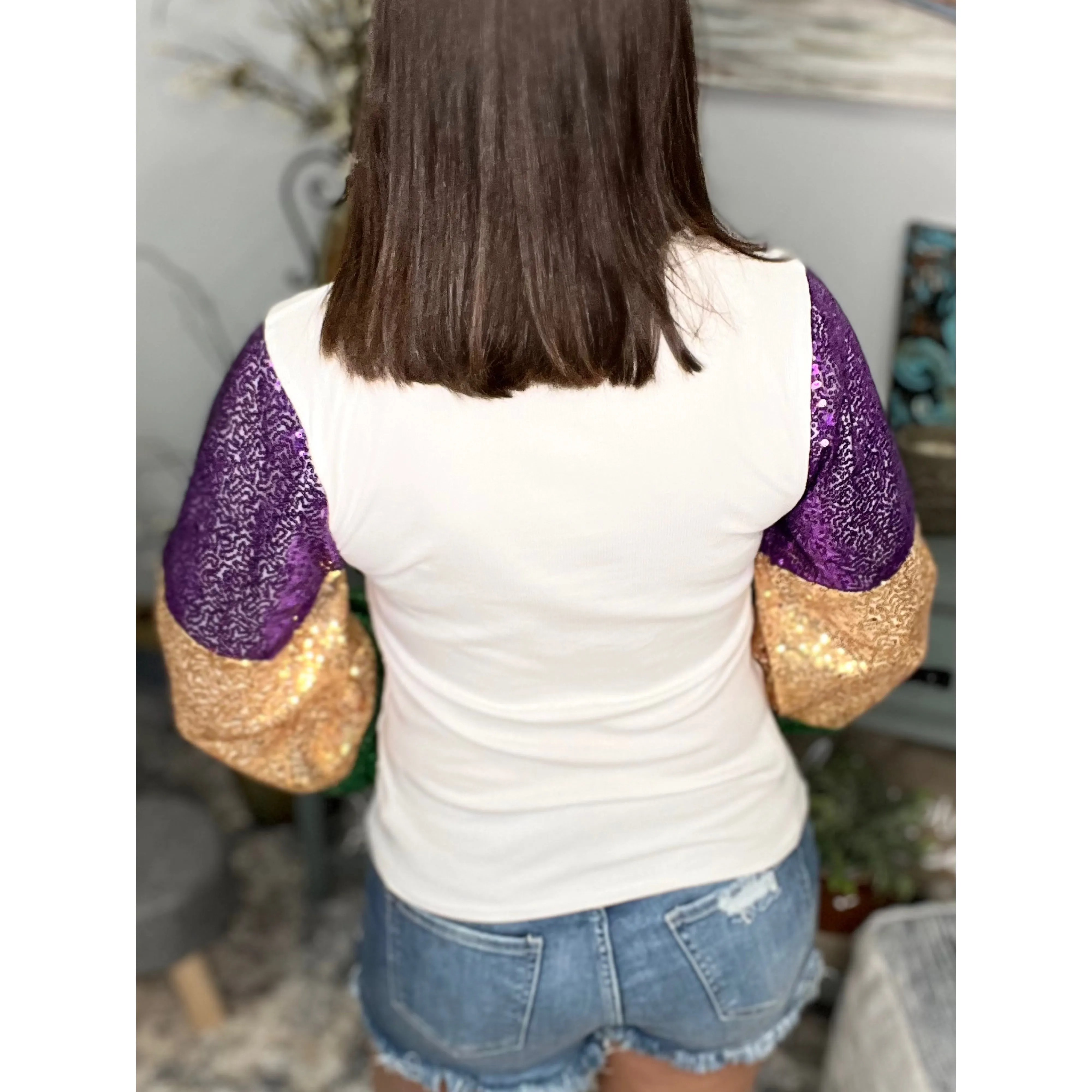 “Neutral Ground Side” Mardi Gras Sequined Color Block Balloon Sleeves Purple Green & Gold Ivory