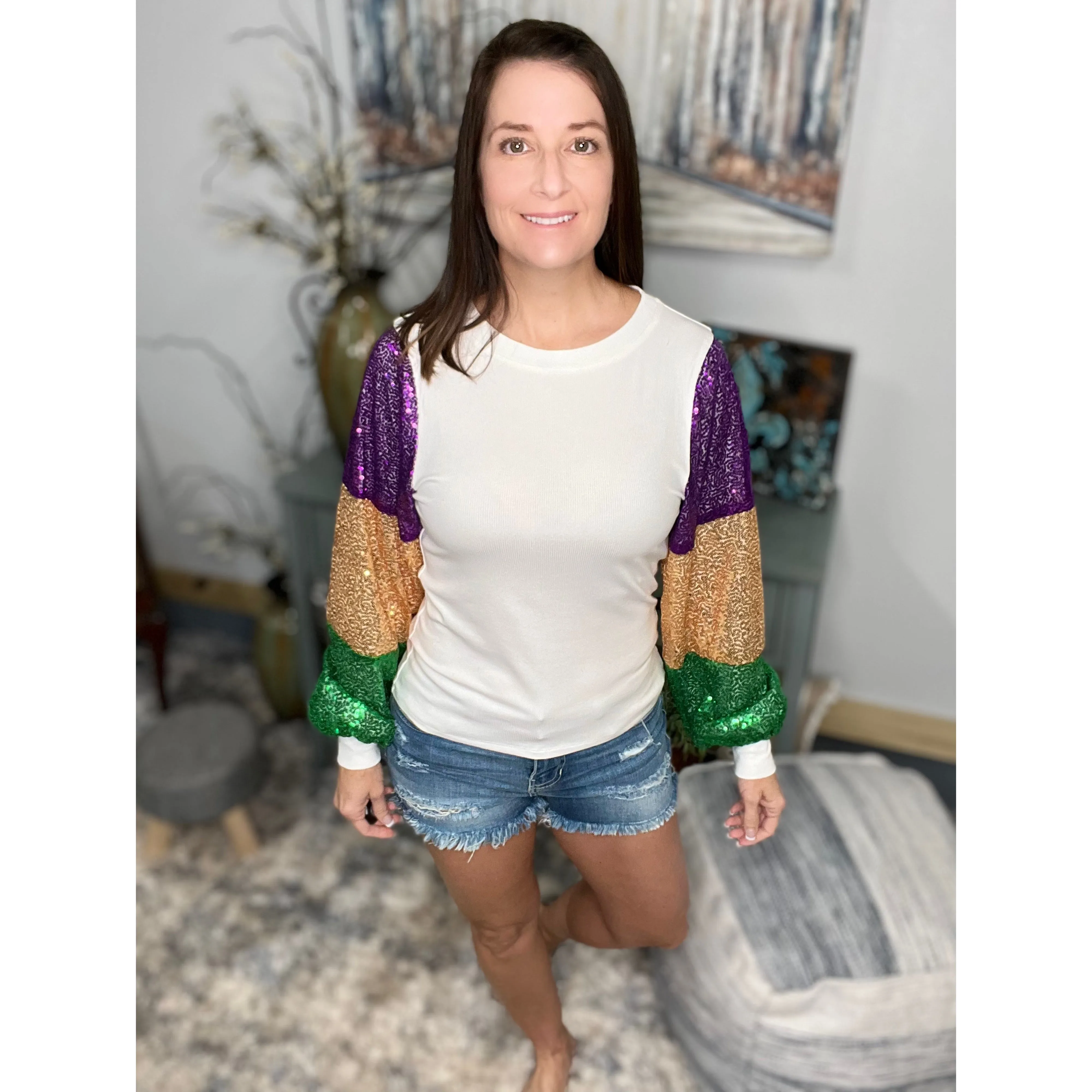 “Neutral Ground Side” Mardi Gras Sequined Color Block Balloon Sleeves Purple Green & Gold Ivory
