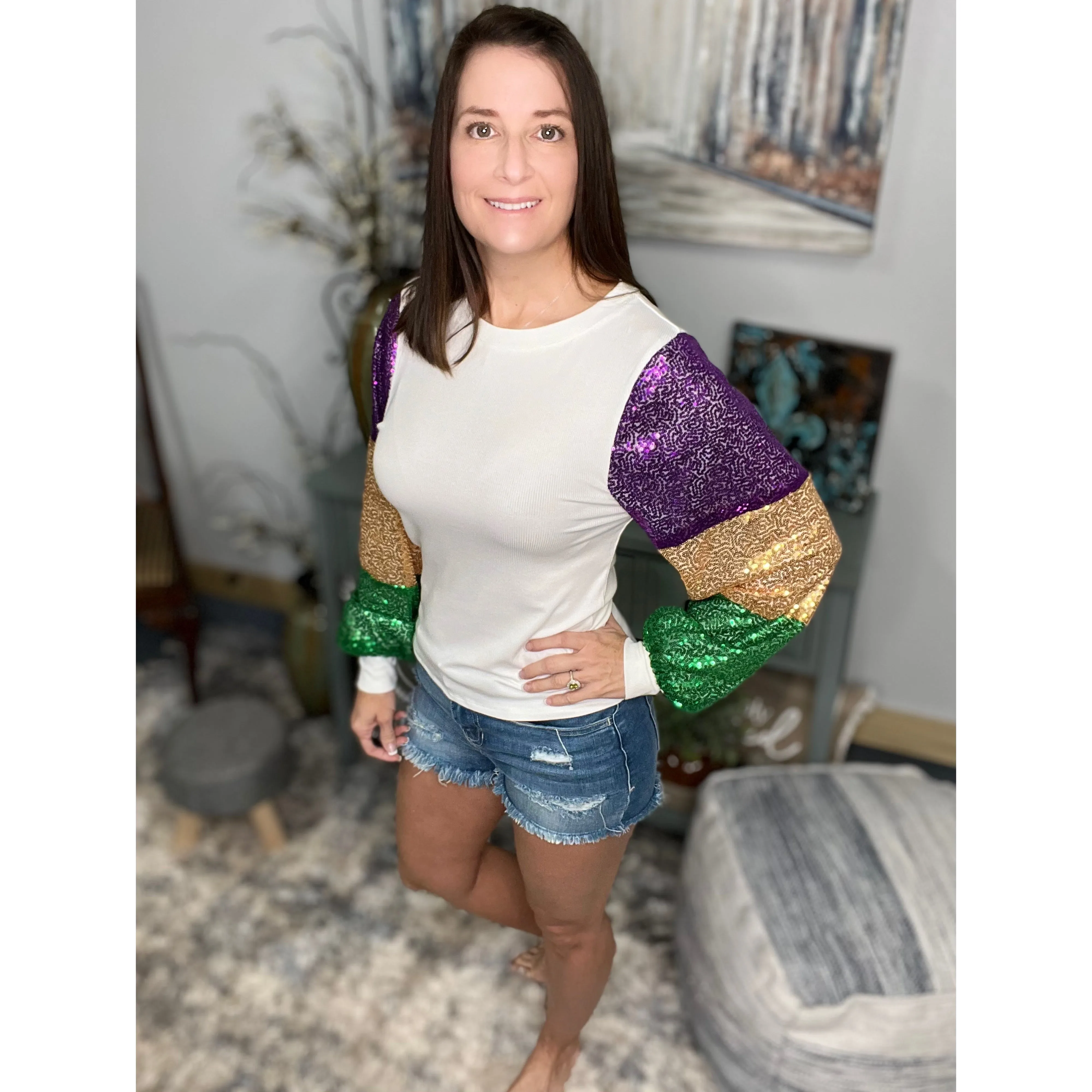 “Neutral Ground Side” Mardi Gras Sequined Color Block Balloon Sleeves Purple Green & Gold Ivory