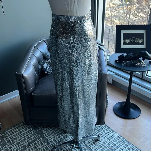 New (NWOT) HVN Affie Sequined Midi Skirt in Silver Size 2