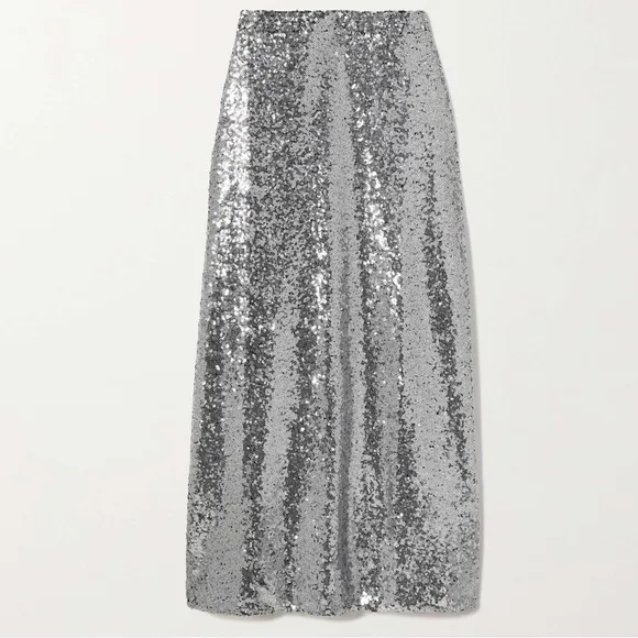 New (NWOT) HVN Affie Sequined Midi Skirt in Silver Size 2