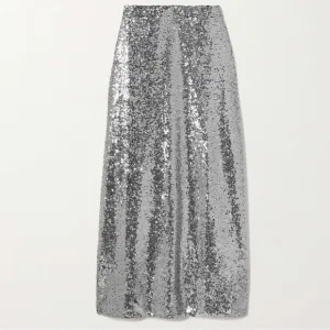 New (NWOT) HVN Affie Sequined Midi Skirt in Silver Size 2