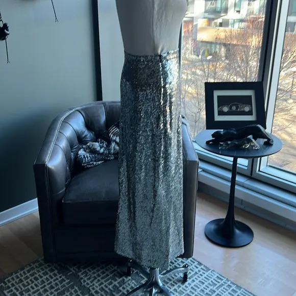 New (NWOT) HVN Affie Sequined Midi Skirt in Silver Size 2