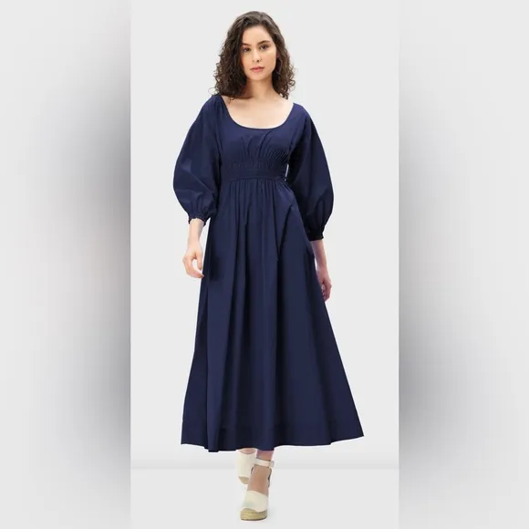NWOT Puff Sleeve Elastic Waist Cotton Poplin Dress