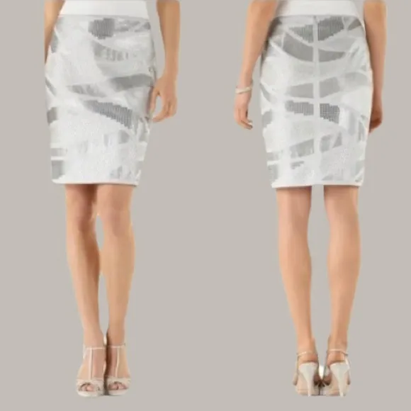 NWT White House Black Market Metallic Silver Sequined Skirt Size 6