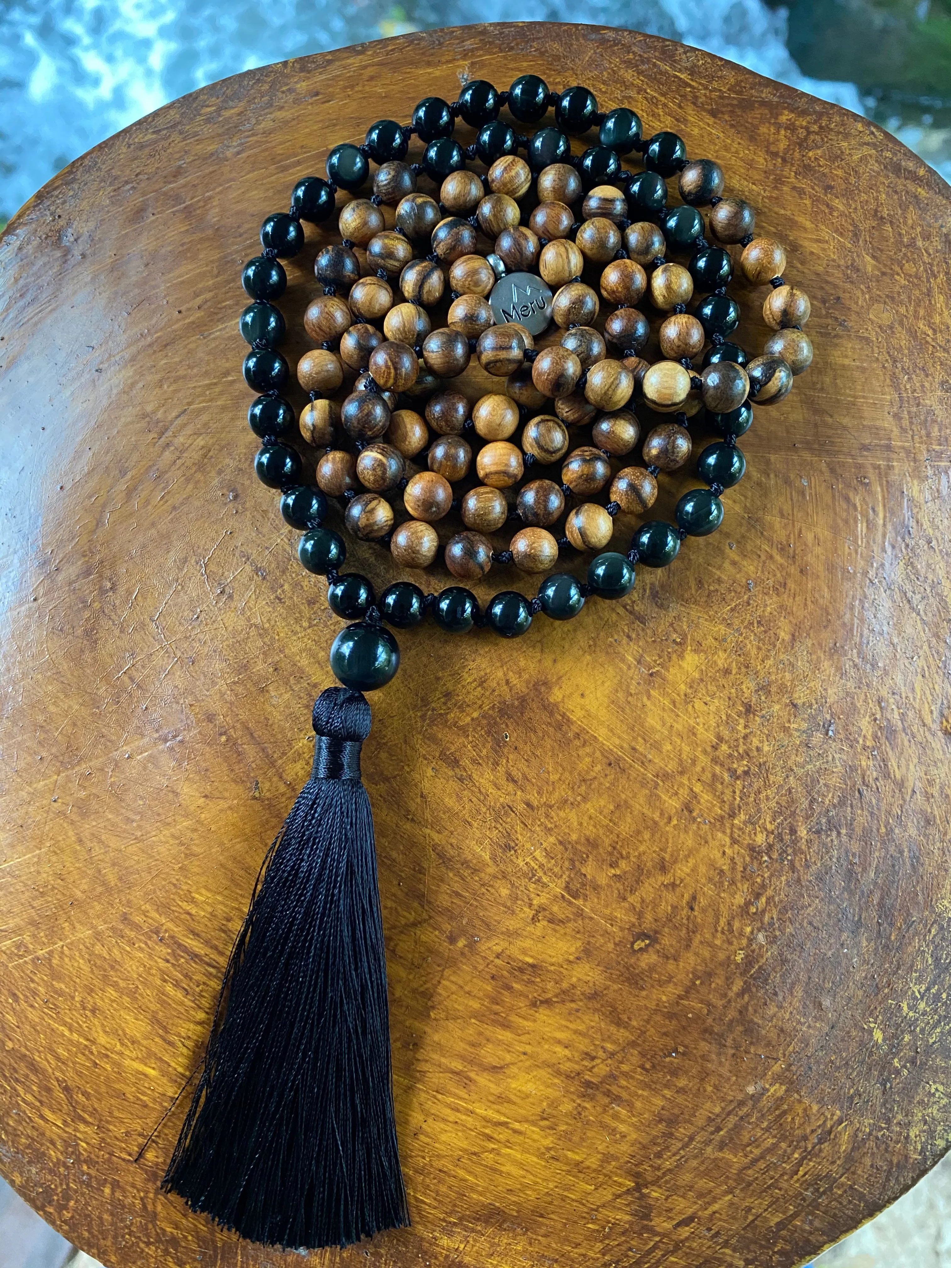 Obsidian & Dark Wood Mala Beads Necklace - "I am Complete"