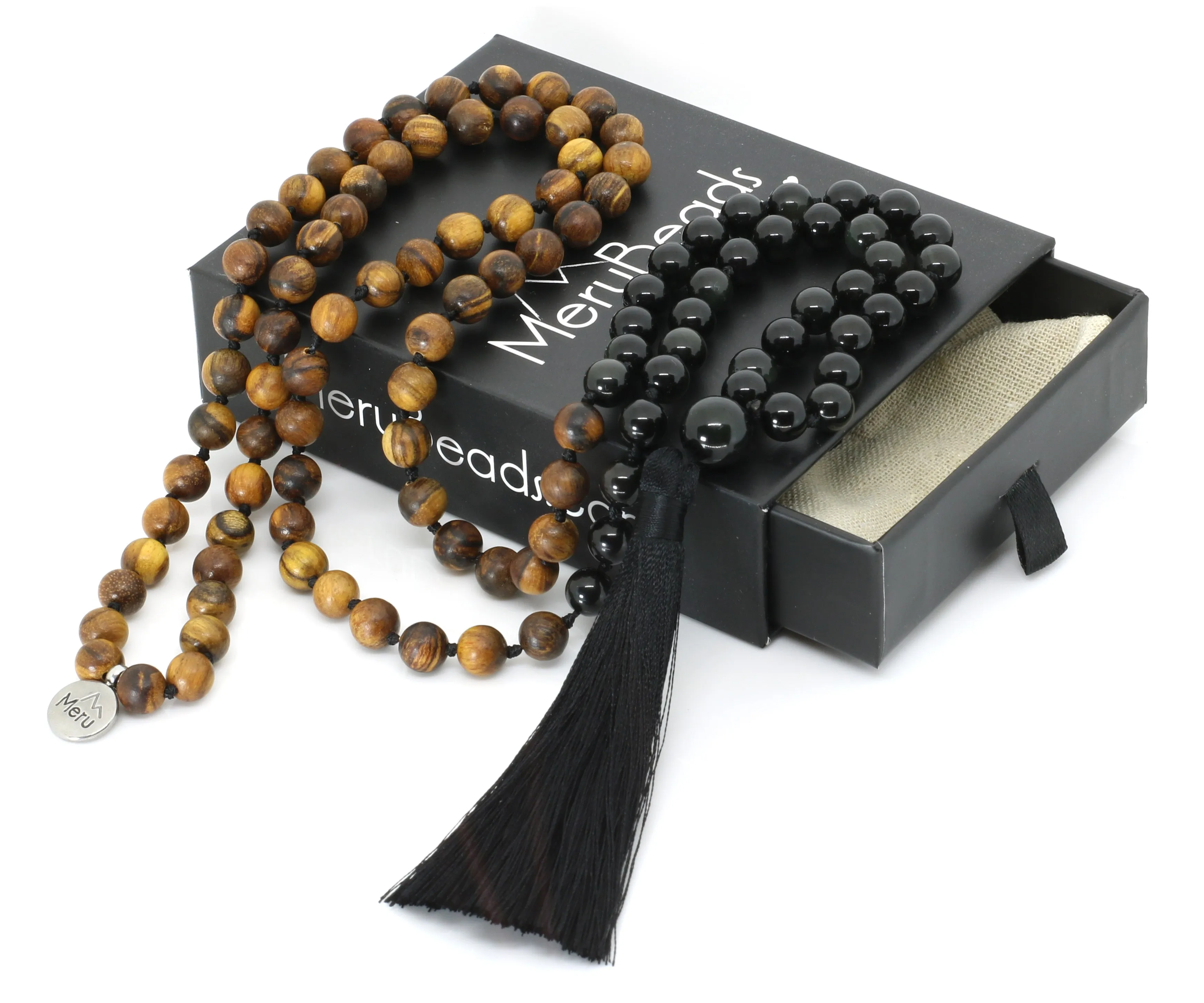 Obsidian & Dark Wood Mala Beads Necklace - "I am Complete"