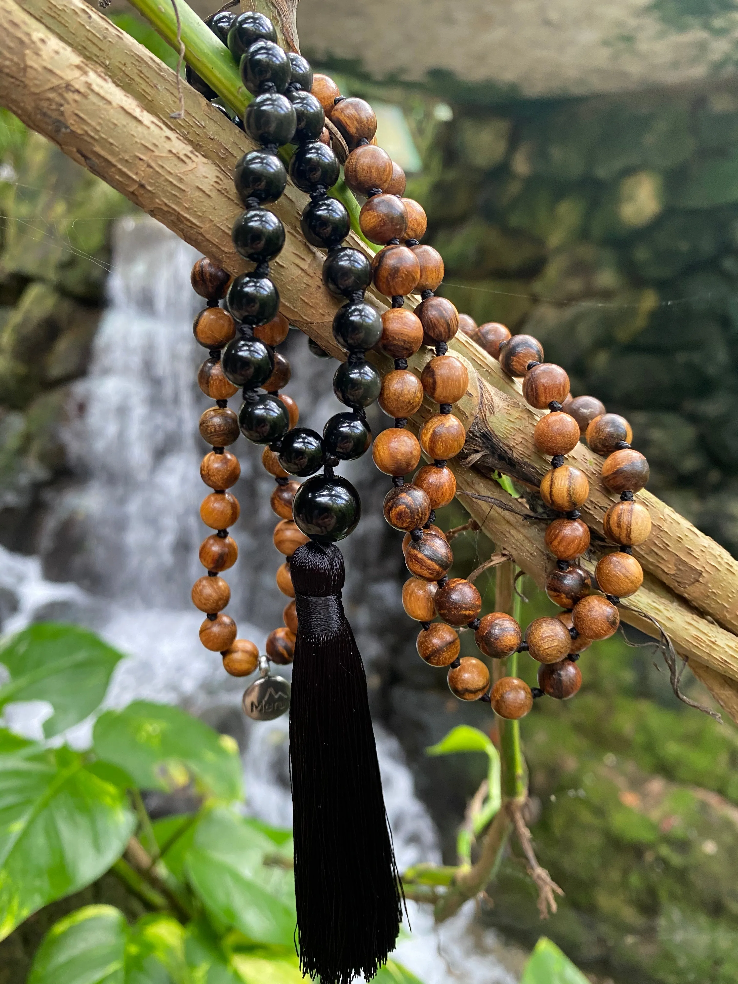Obsidian & Dark Wood Mala Beads Necklace - "I am Complete"