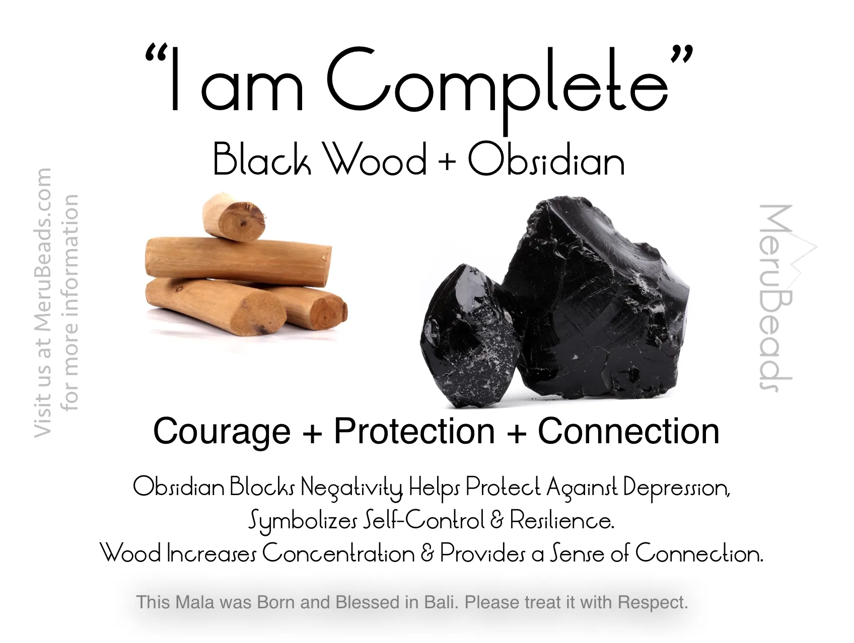 Obsidian & Dark Wood Mala Beads Necklace - "I am Complete"