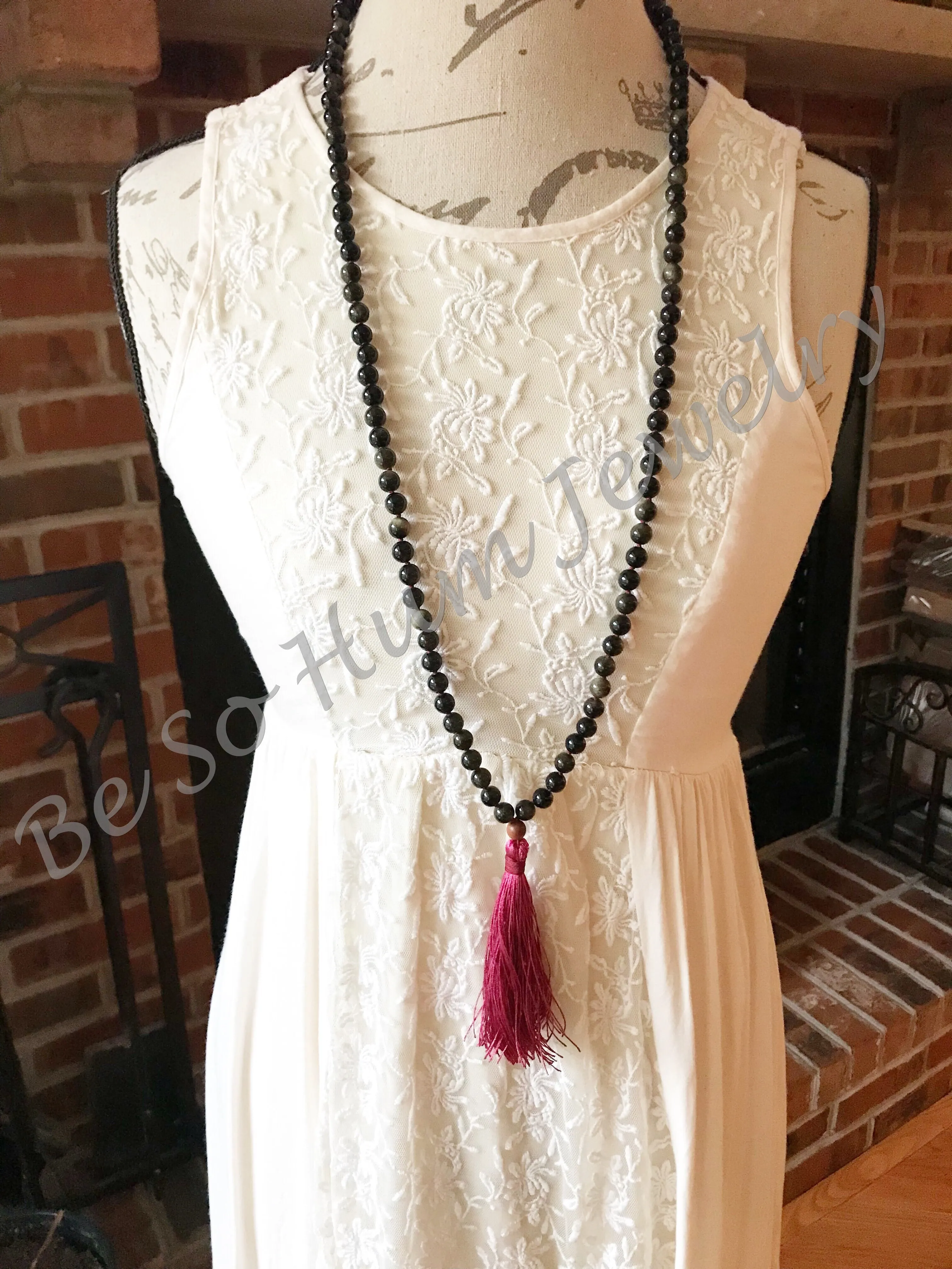 Obsidian Red Tassel Mala Necklace
