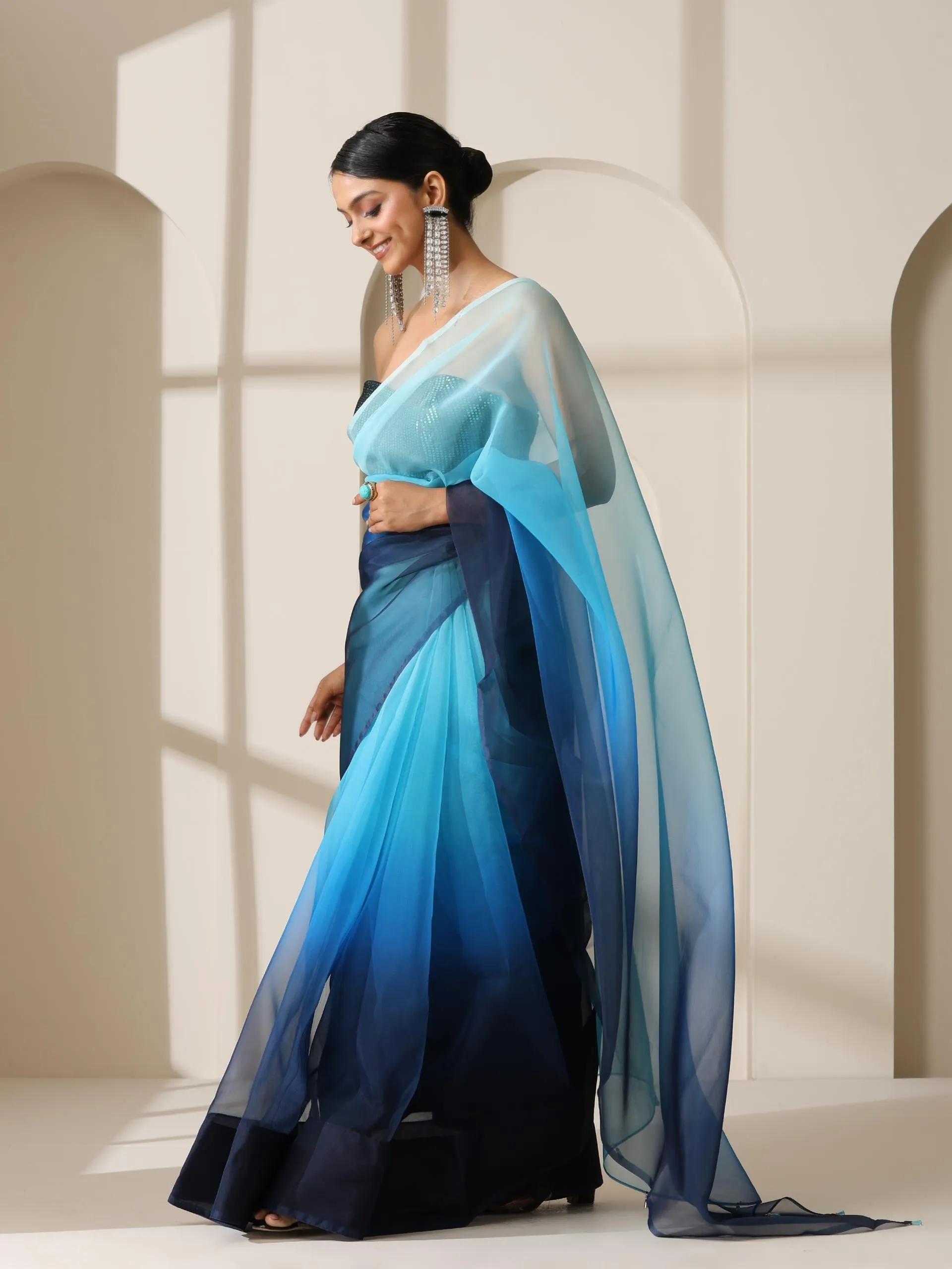 Ocean Blue Pure Organza Ombre Printed Saree
