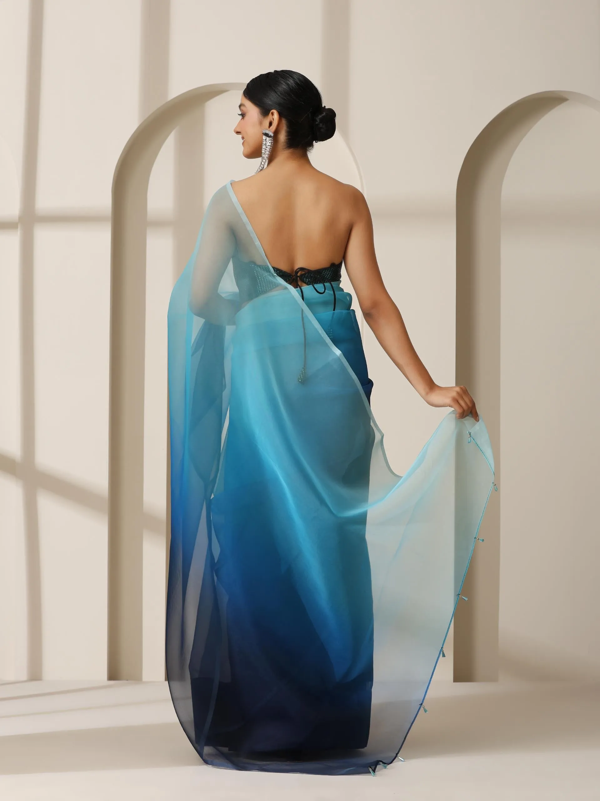 Ocean Blue Pure Organza Ombre Printed Saree