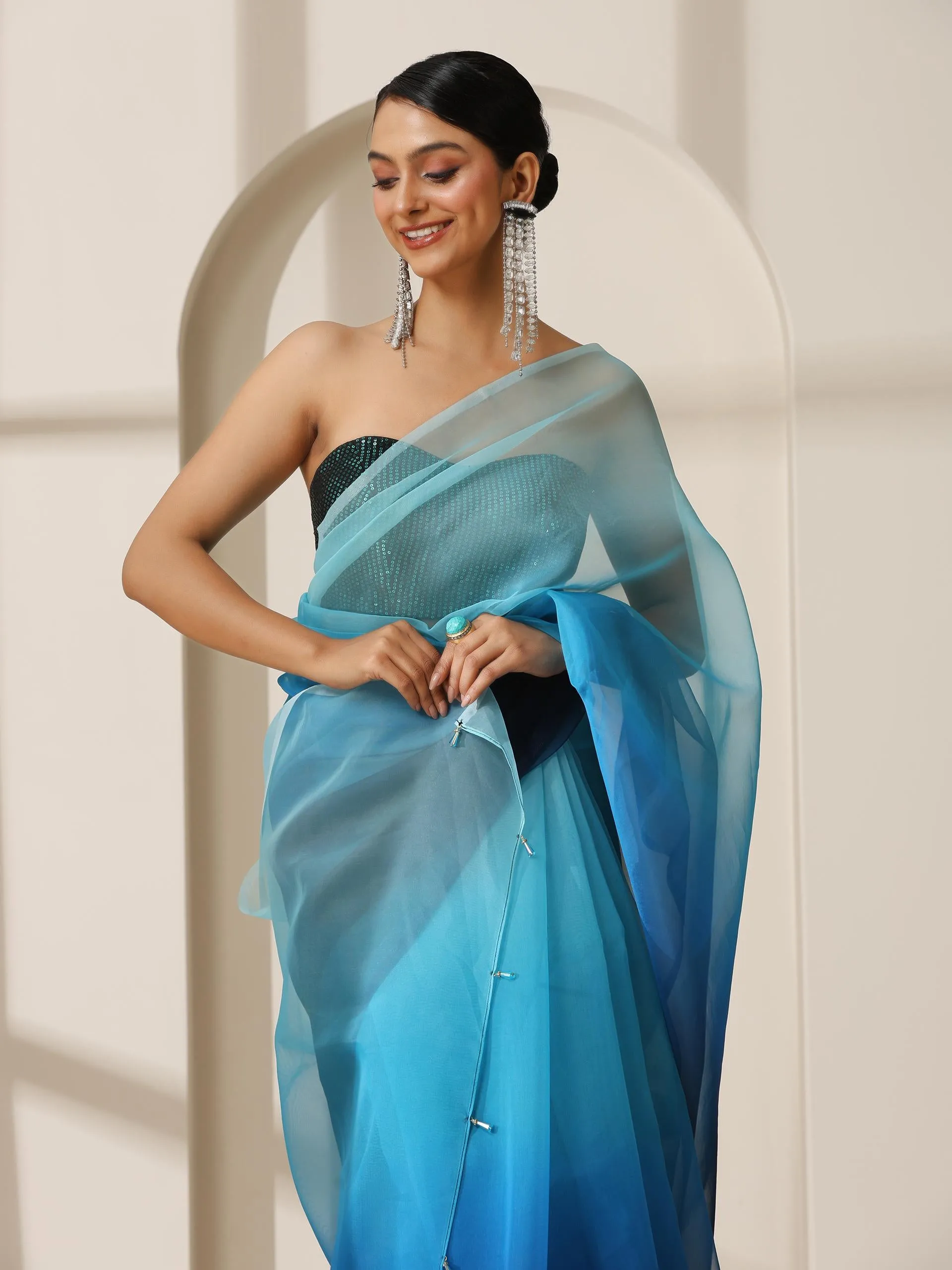 Ocean Blue Pure Organza Ombre Printed Saree